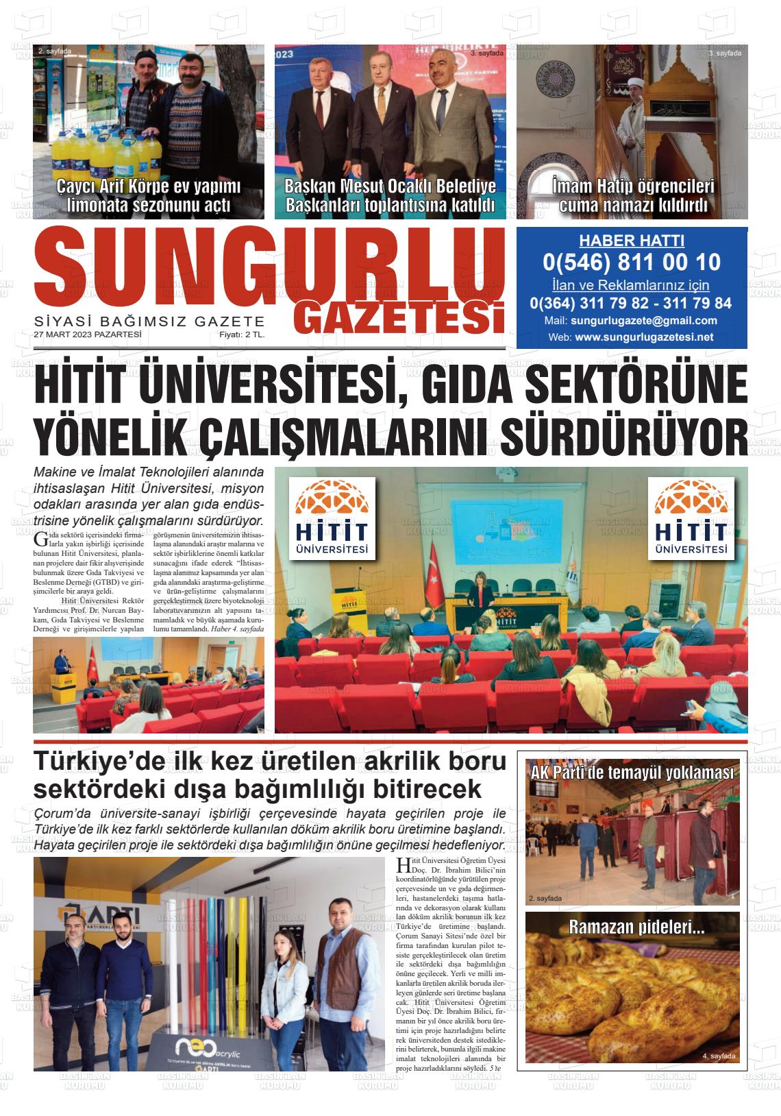 27 Mart 2023 Sungurlu Gazete Manşeti