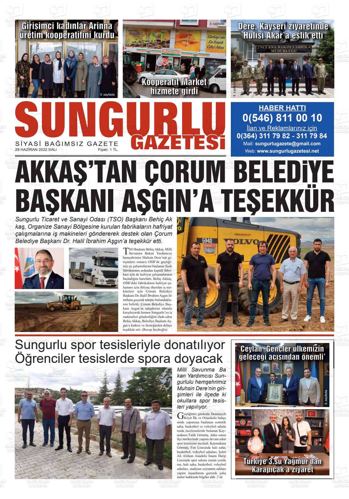28 Haziran 2022 Sungurlu Gazete Manşeti