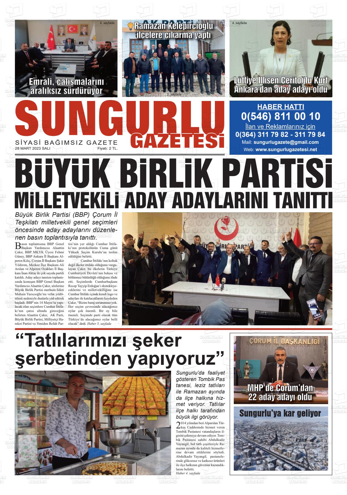 28 Mart 2023 Sungurlu Gazete Manşeti