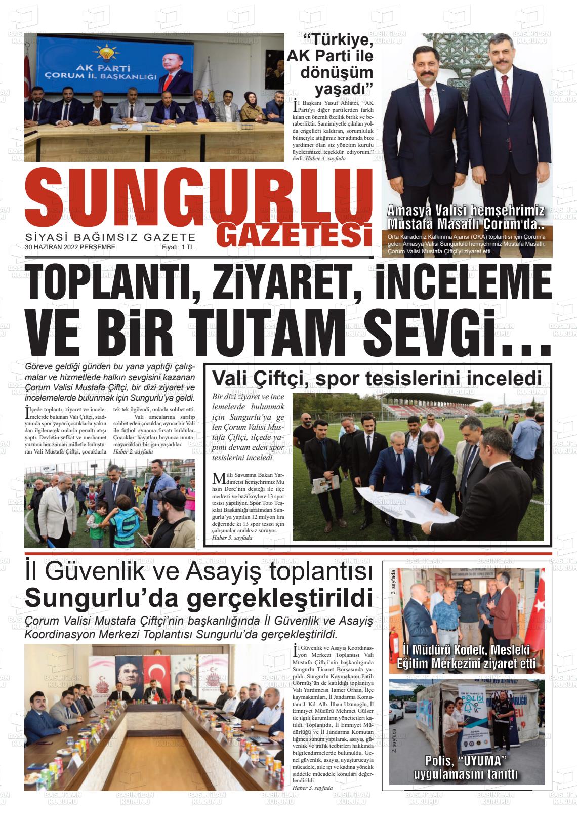 01 Temmuz 2022 Sungurlu Gazete Manşeti