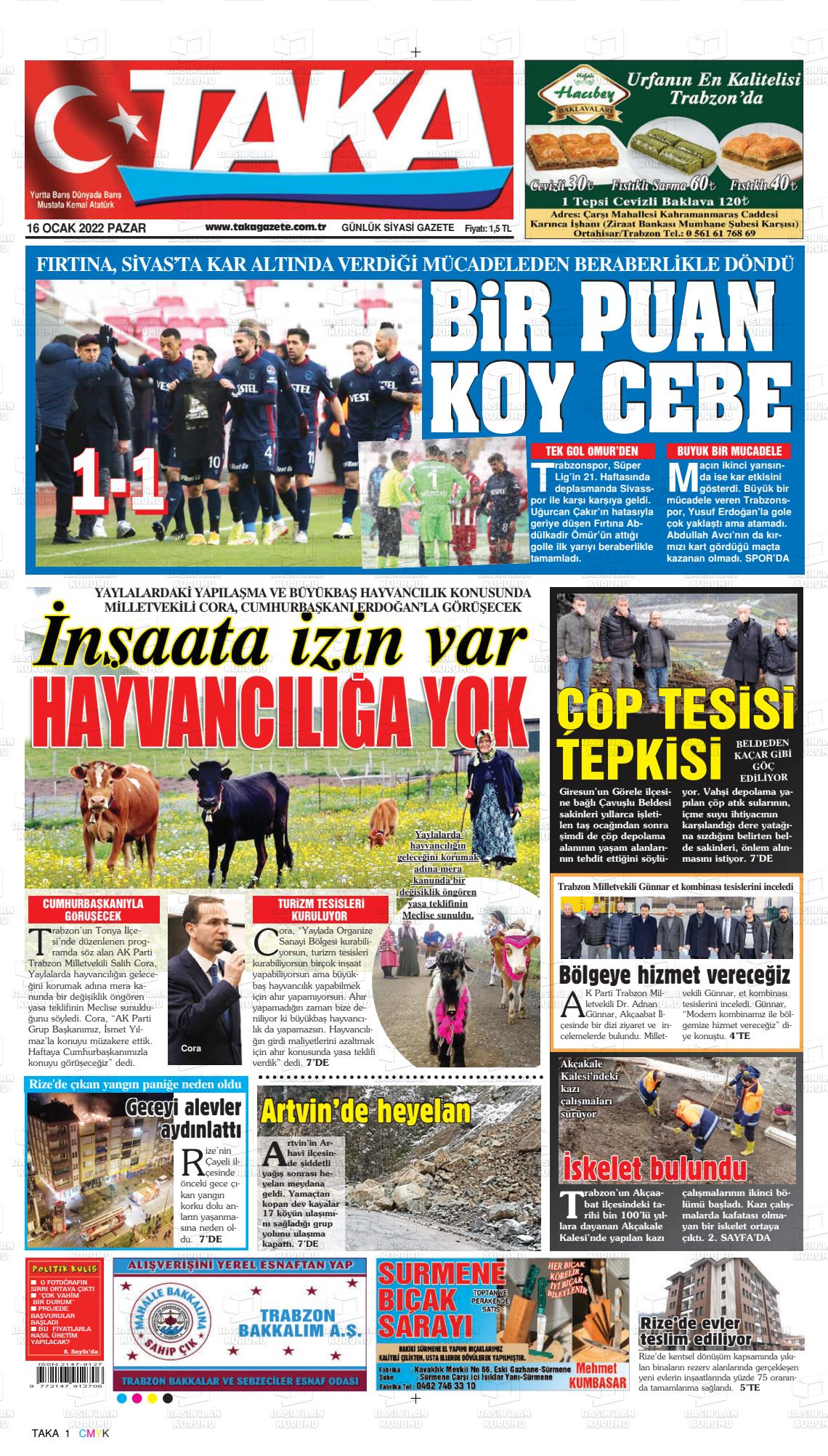 16 Ocak 2022 Taka Gazete Manşeti