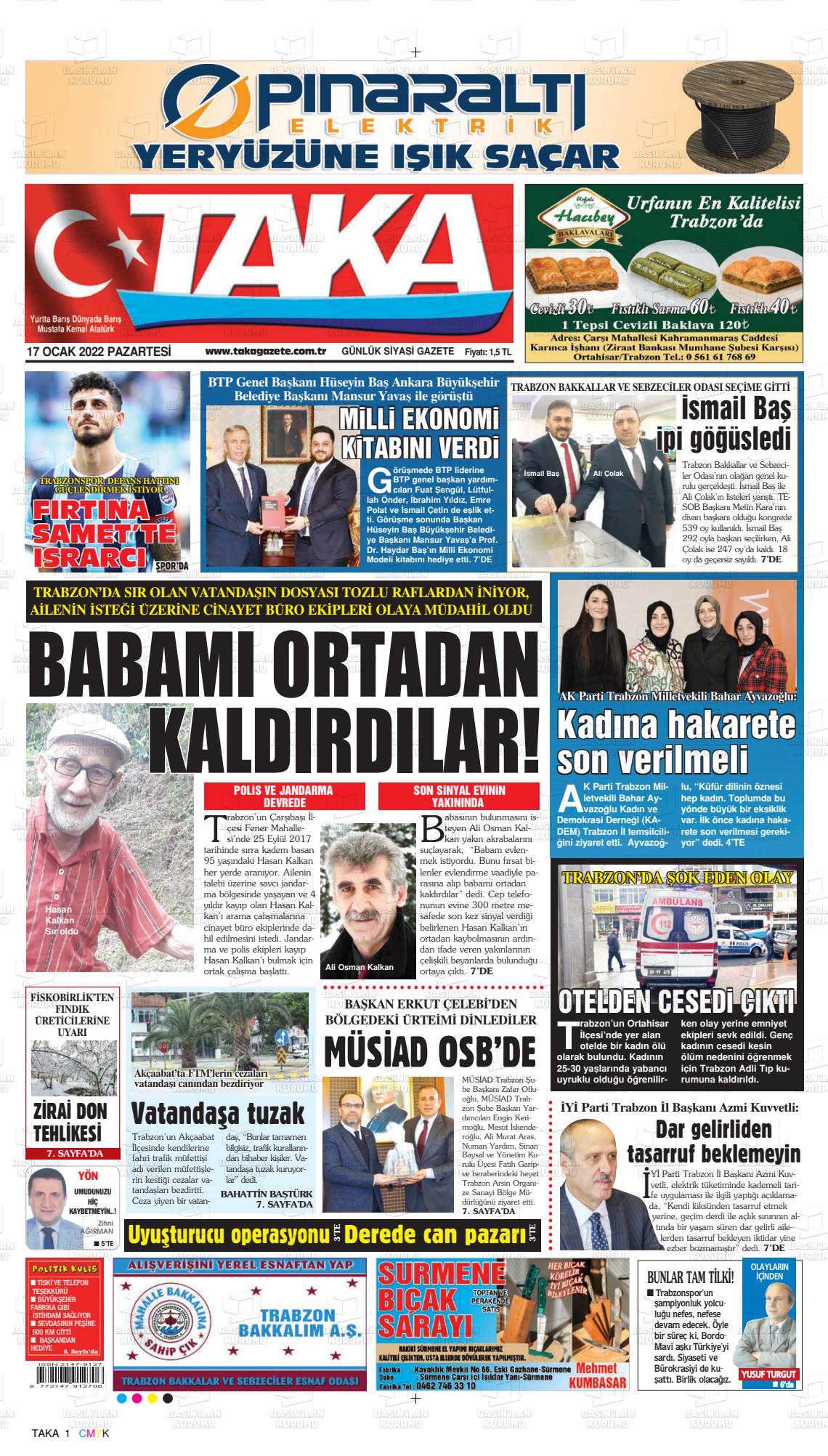 17 Ocak 2022 Taka Gazete Manşeti