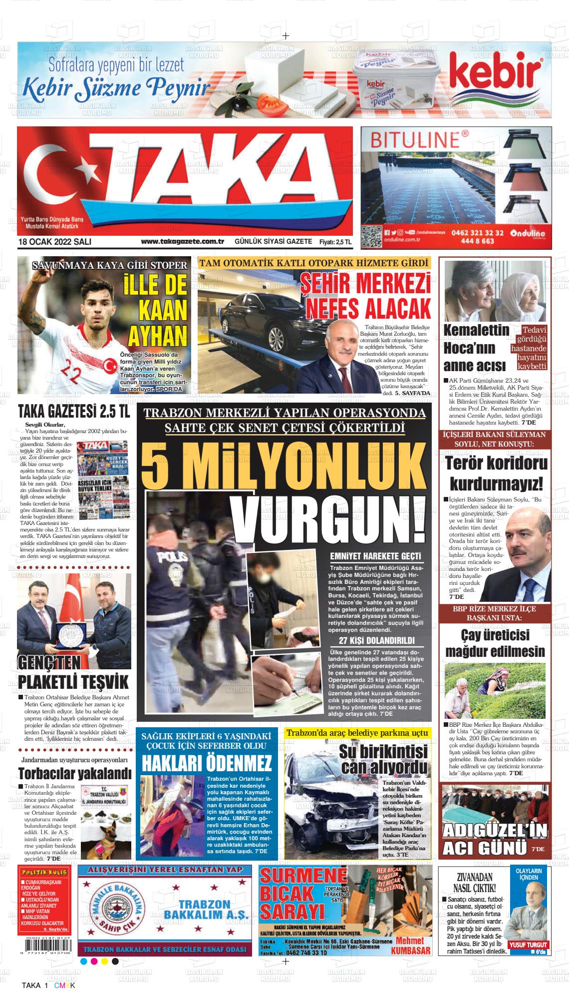 18 Ocak 2022 Taka Gazete Manşeti