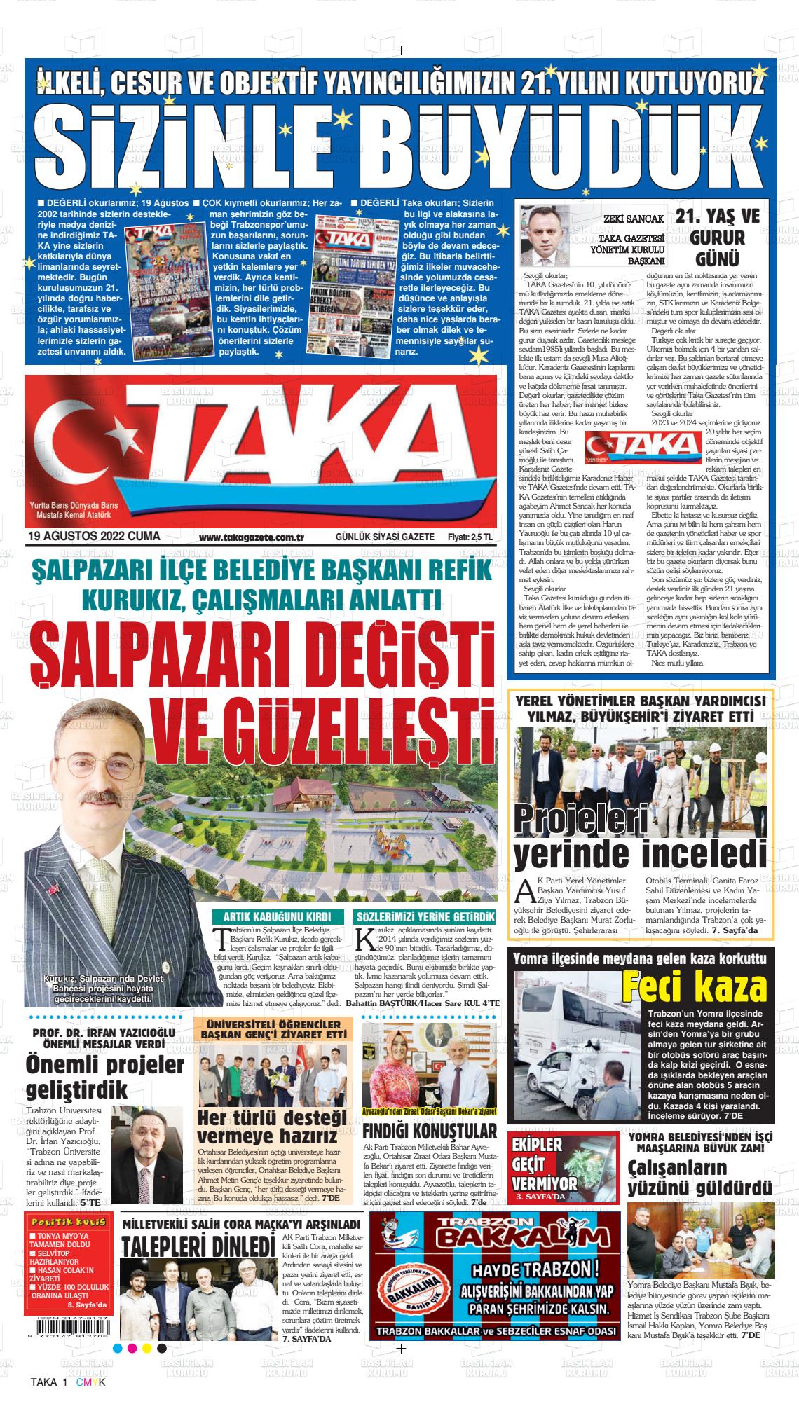 19 Ağustos 2022 Taka Gazete Manşeti