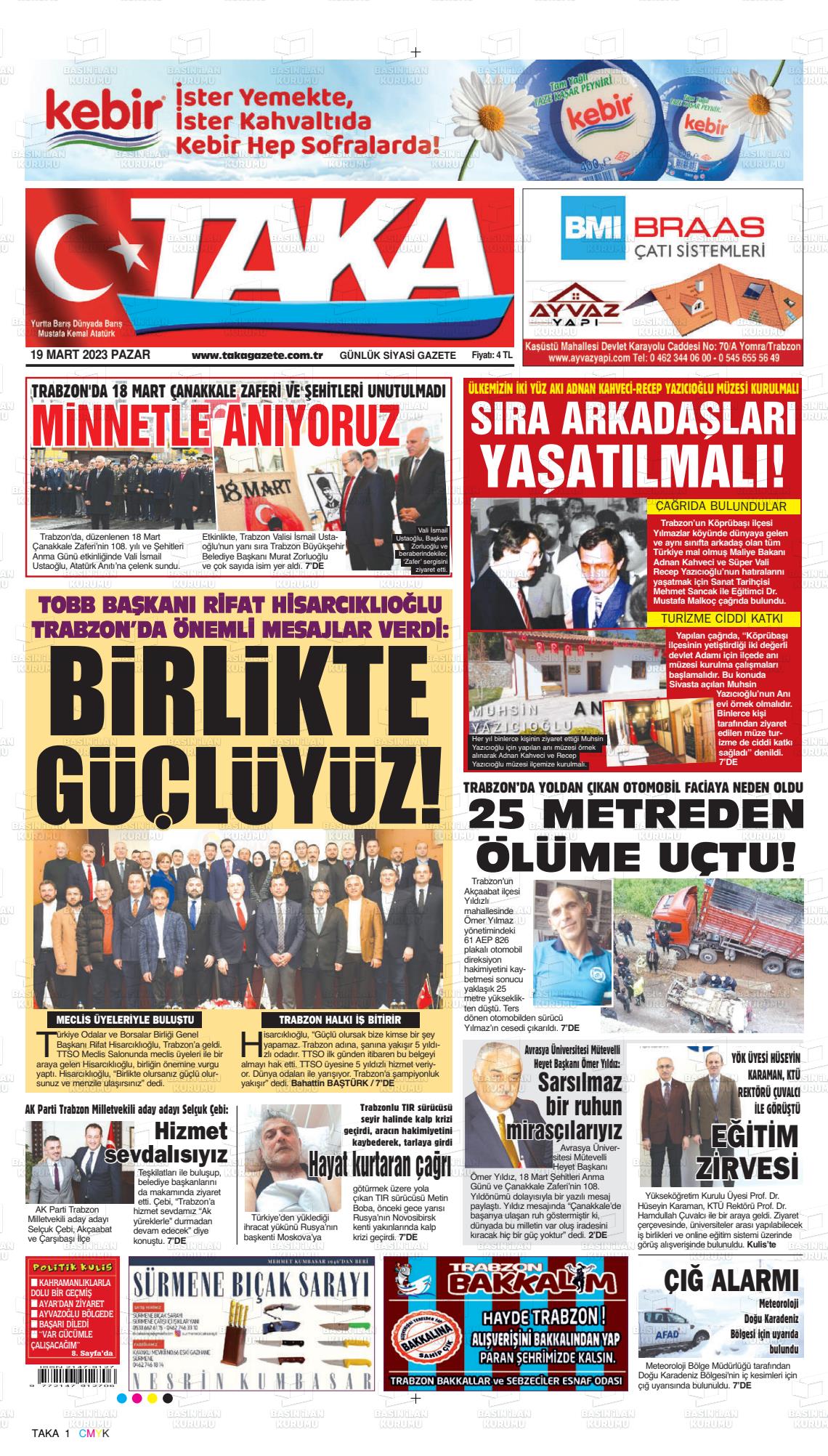 19 Mart 2023 Taka Gazete Manşeti