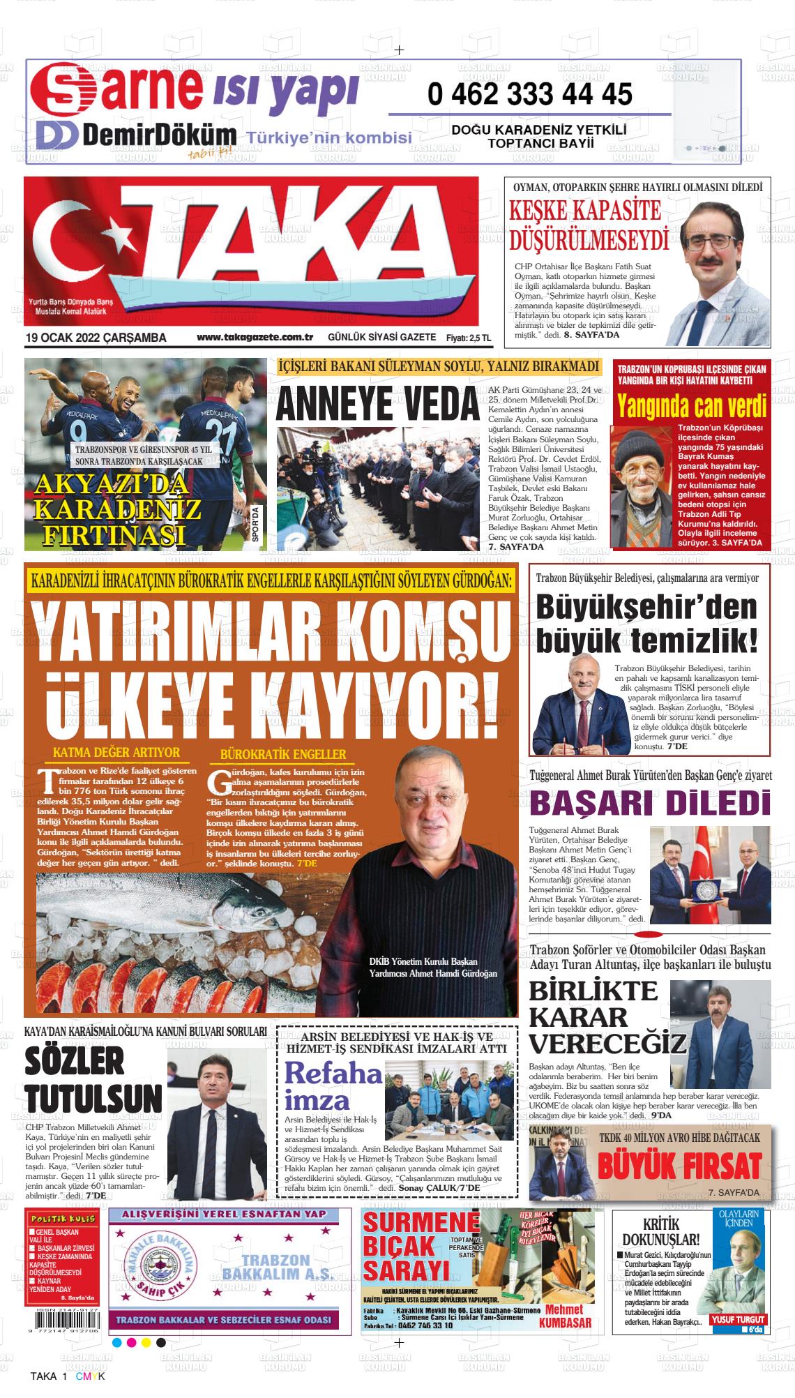 19 Ocak 2022 Taka Gazete Manşeti