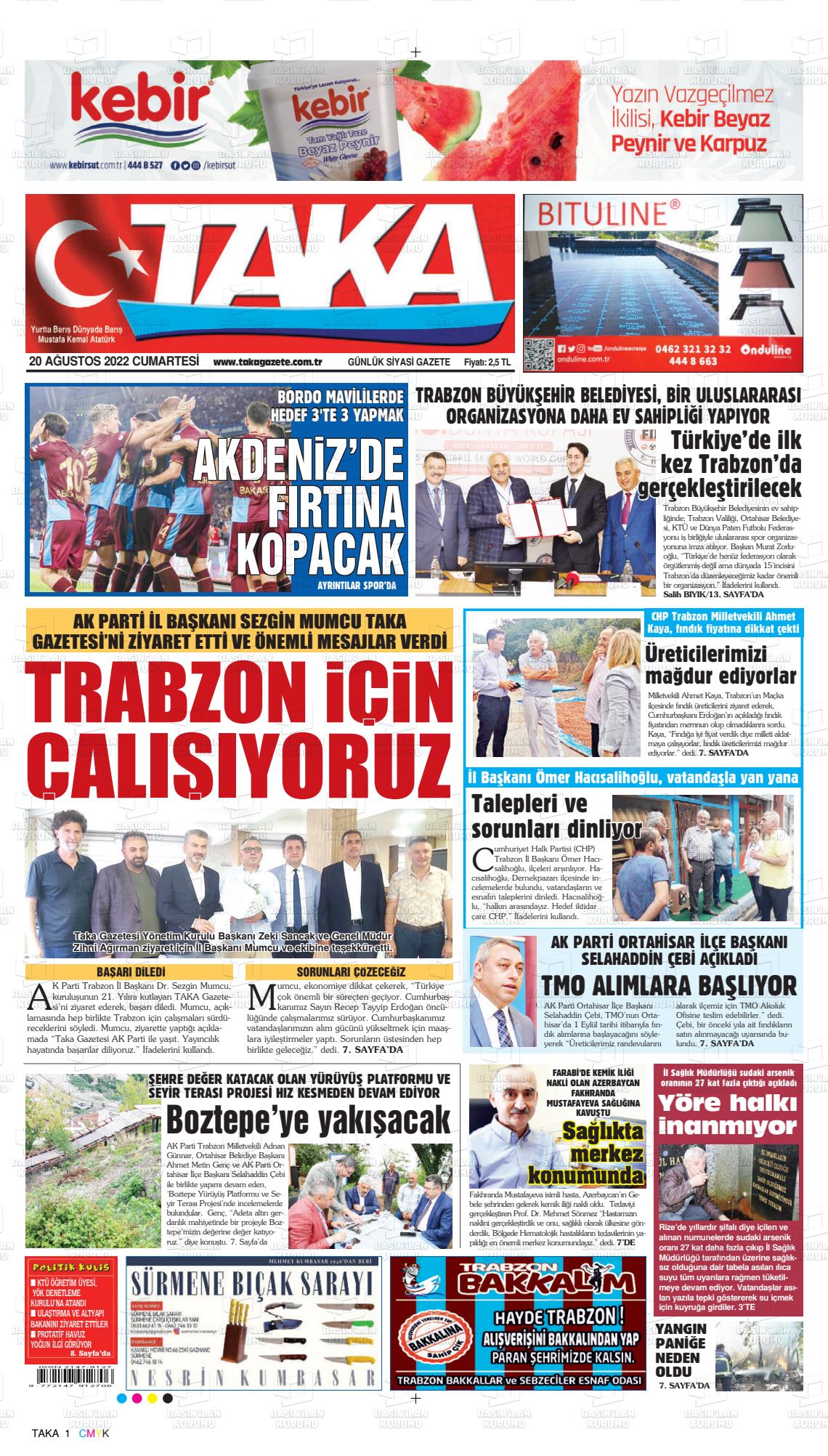 20 Ağustos 2022 Taka Gazete Manşeti