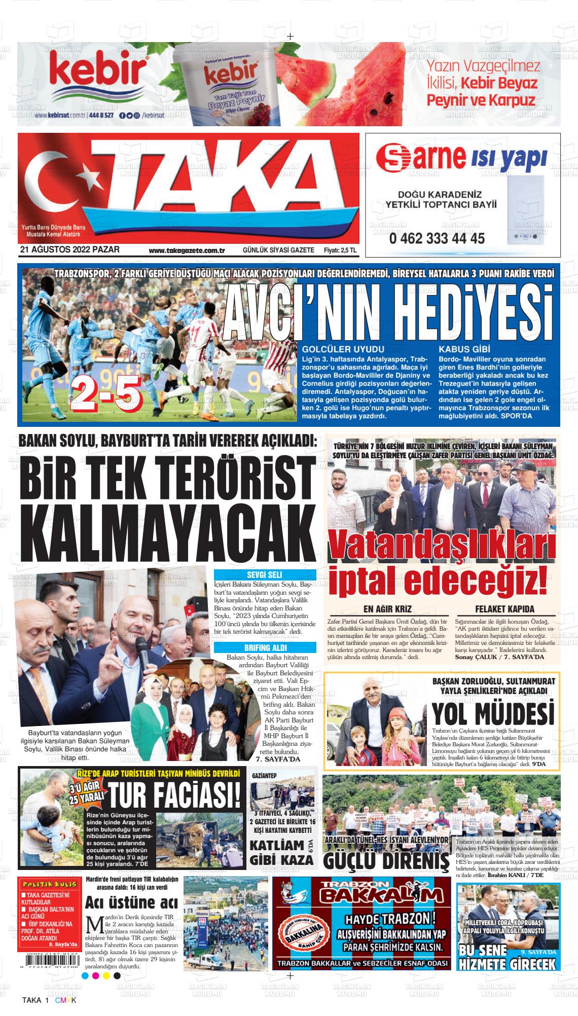 21 Ağustos 2022 Taka Gazete Manşeti
