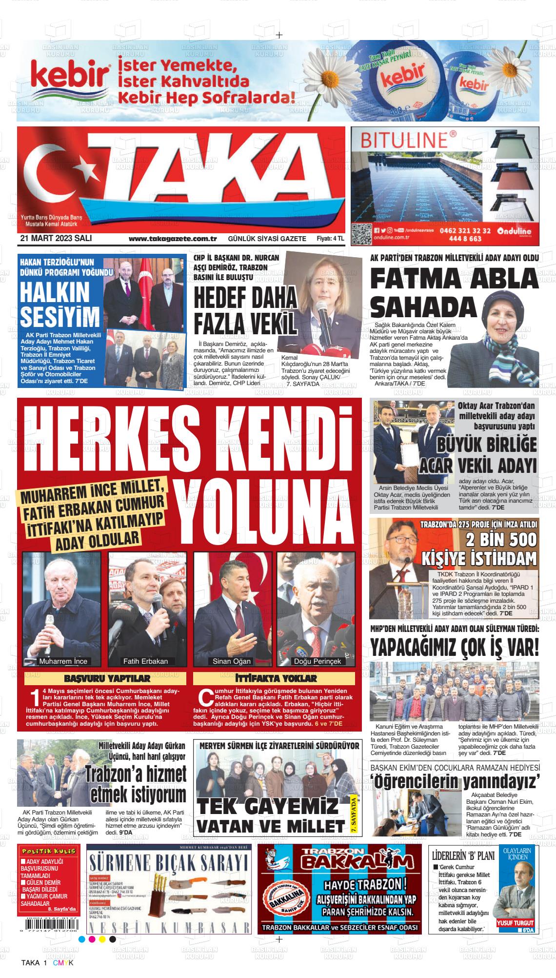 21 Mart 2023 Taka Gazete Manşeti