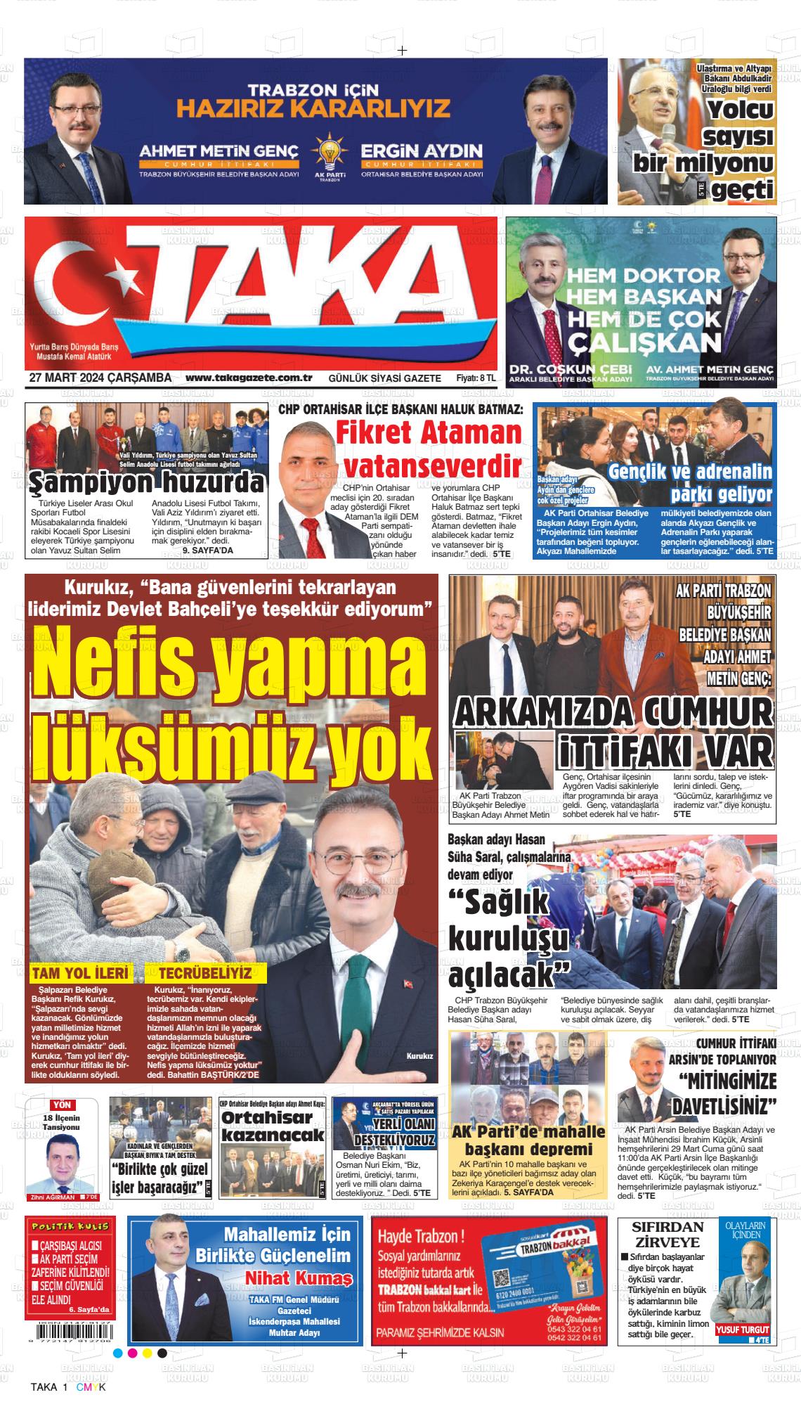 27 Mart 2024 Taka Gazete Manşeti