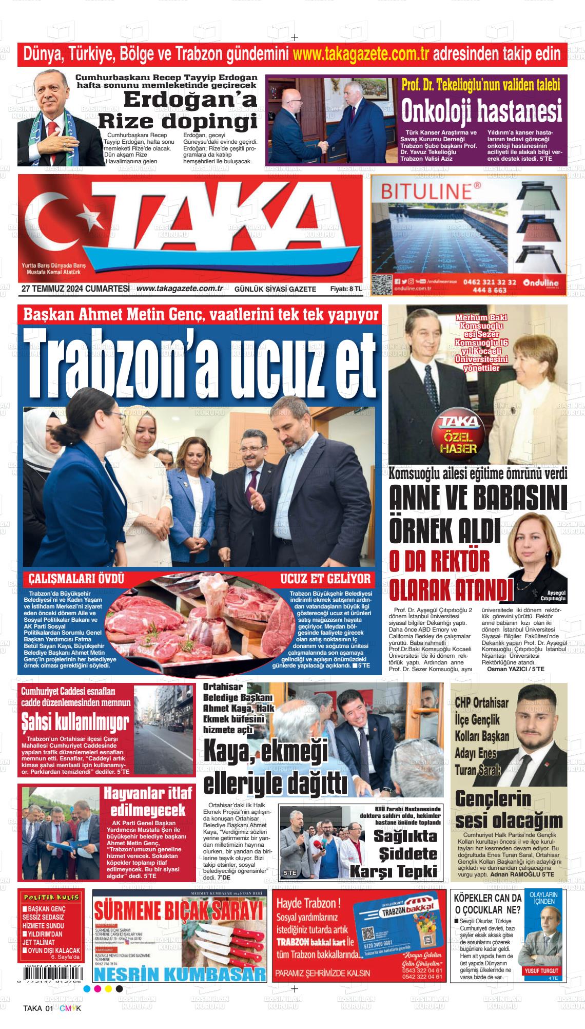 27 Temmuz 2024 Taka Gazete Manşeti