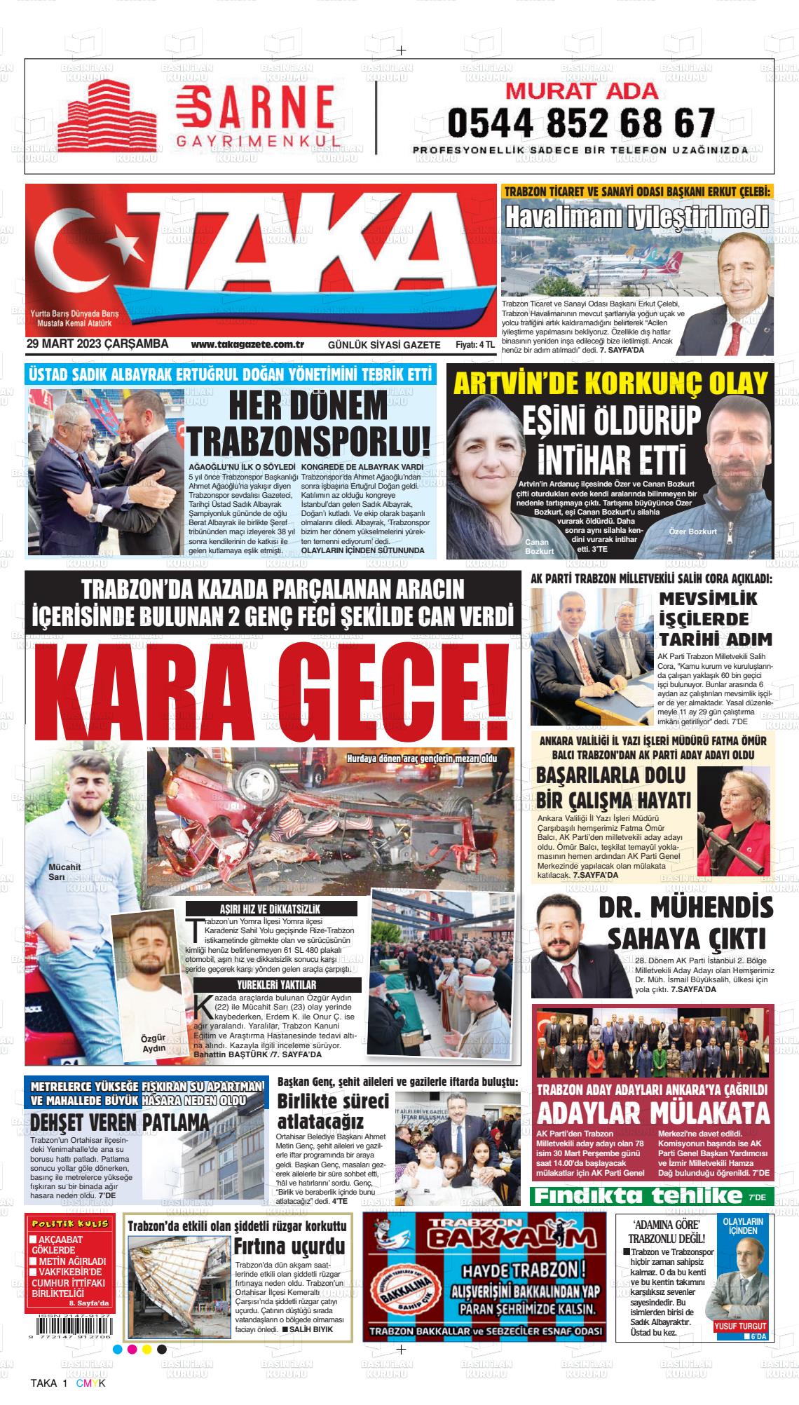 29 Mart 2023 Taka Gazete Manşeti