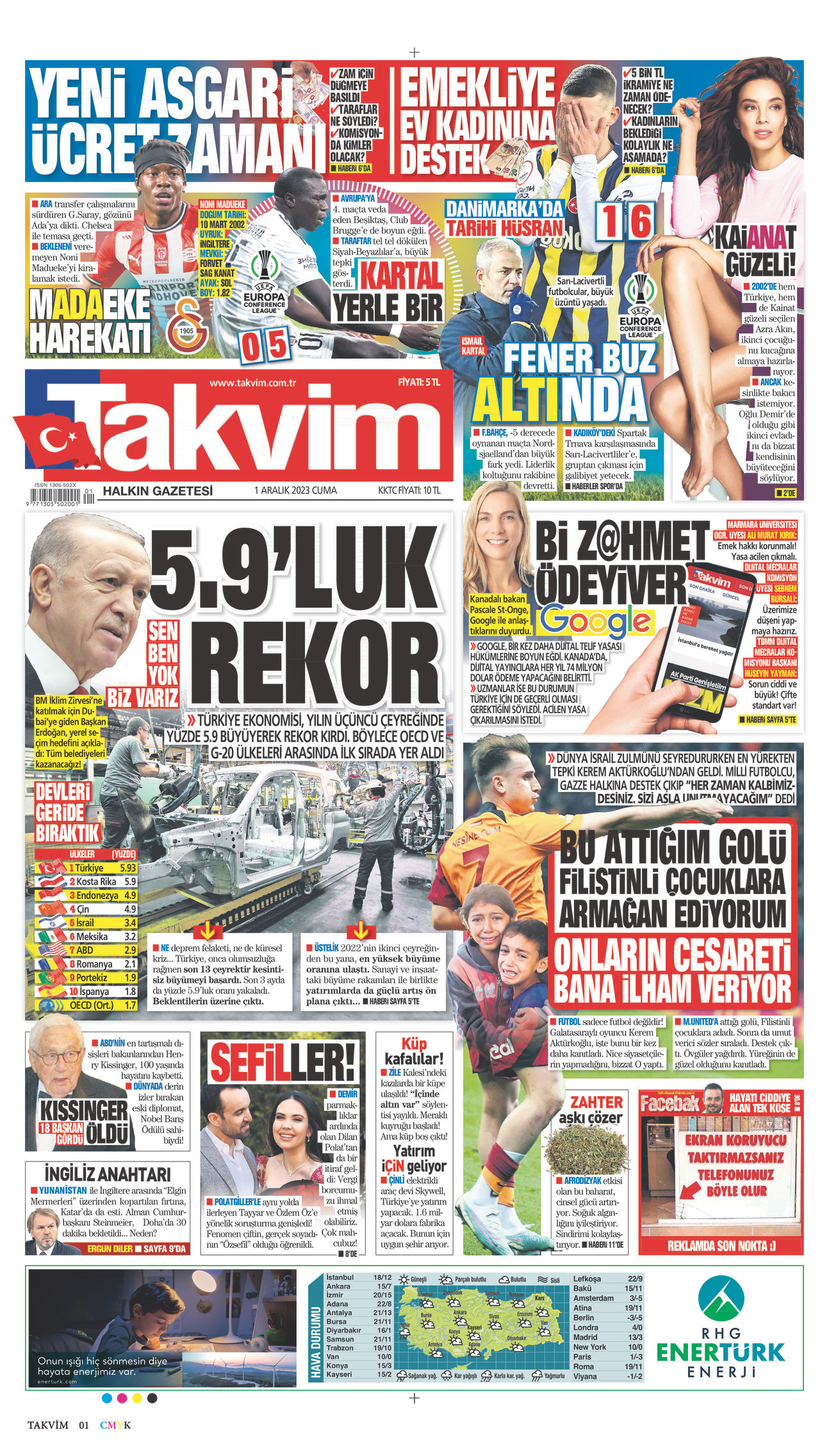 01 Aralık 2023 Takvim Gazete Manşeti