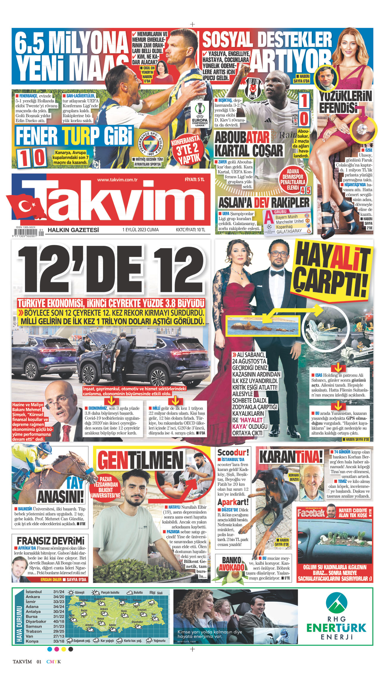 01 Eylül 2023 Takvim Gazete Manşeti