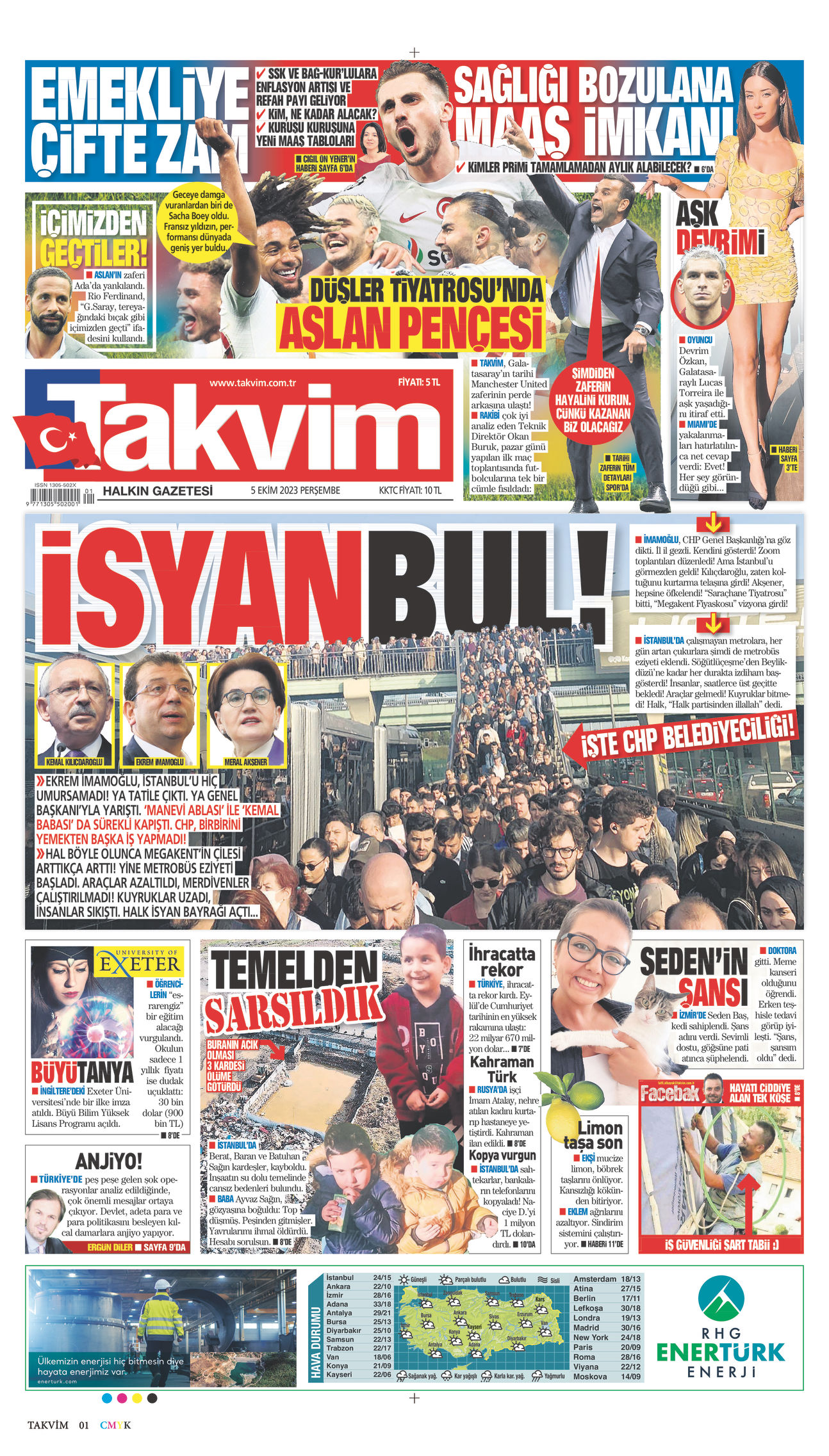 05 Ekim 2023 Takvim Gazete Manşeti