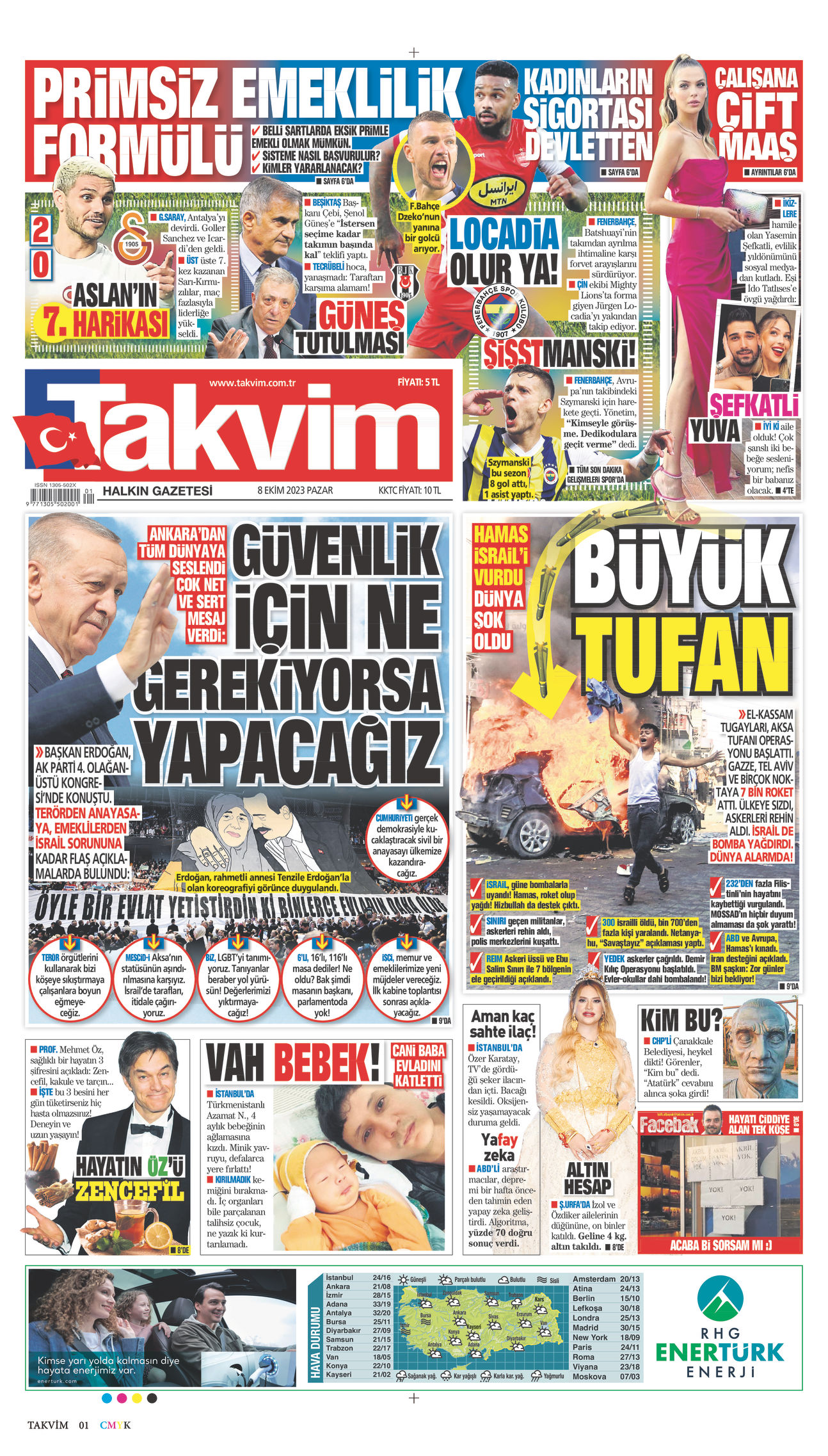 08 Ekim 2023 Takvim Gazete Manşeti
