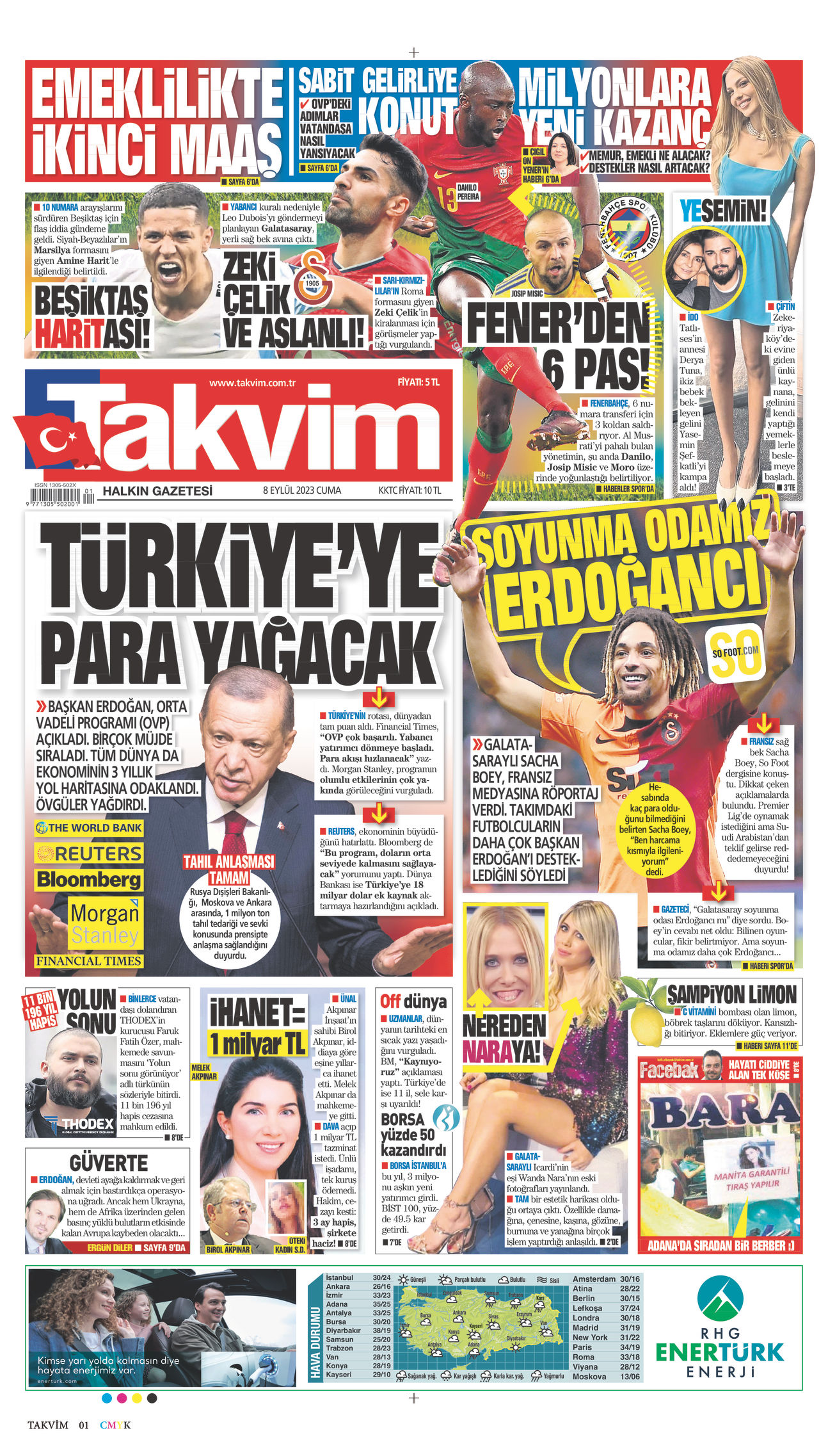 08 Eylül 2023 Takvim Gazete Manşeti