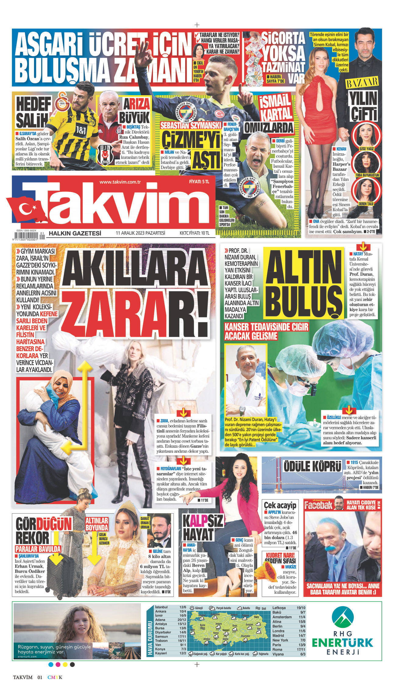 11 Aralık 2023 Takvim Gazete Manşeti