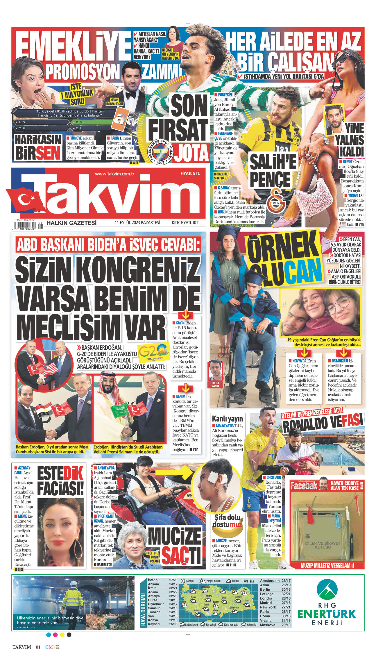 11 Eylül 2023 Takvim Gazete Manşeti