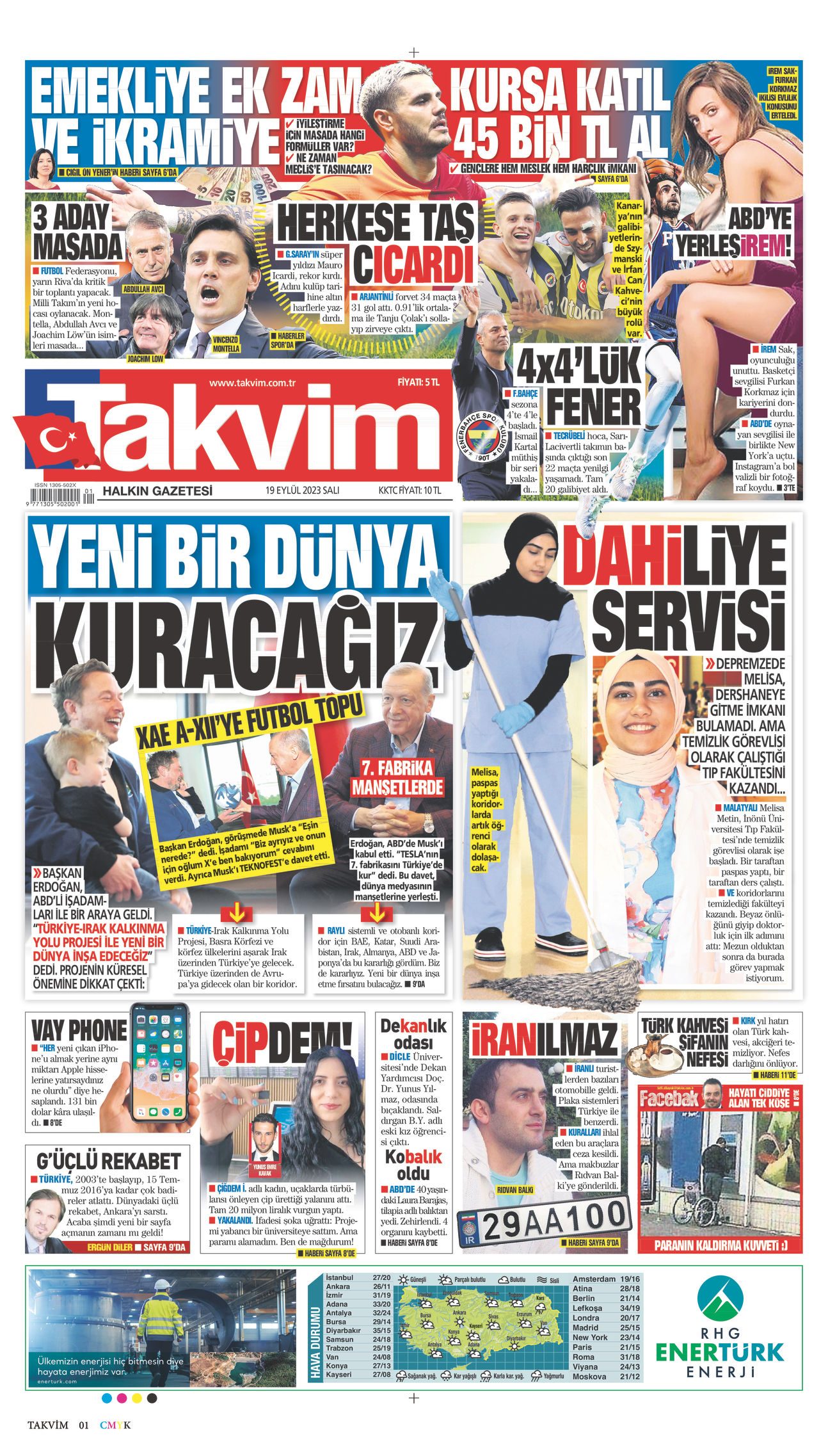 19 Eylül 2023 Takvim Gazete Manşeti