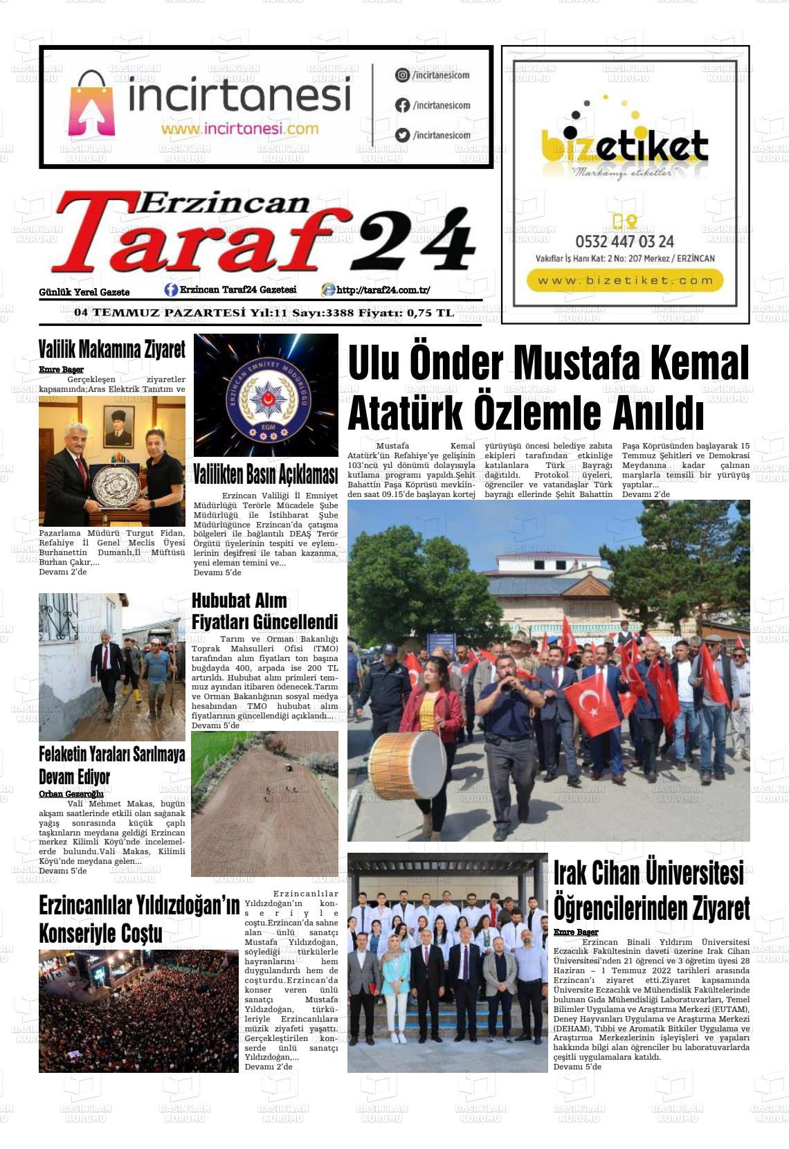 04 Temmuz 2022 Erzincan Taraf 24 Gazete Manşeti