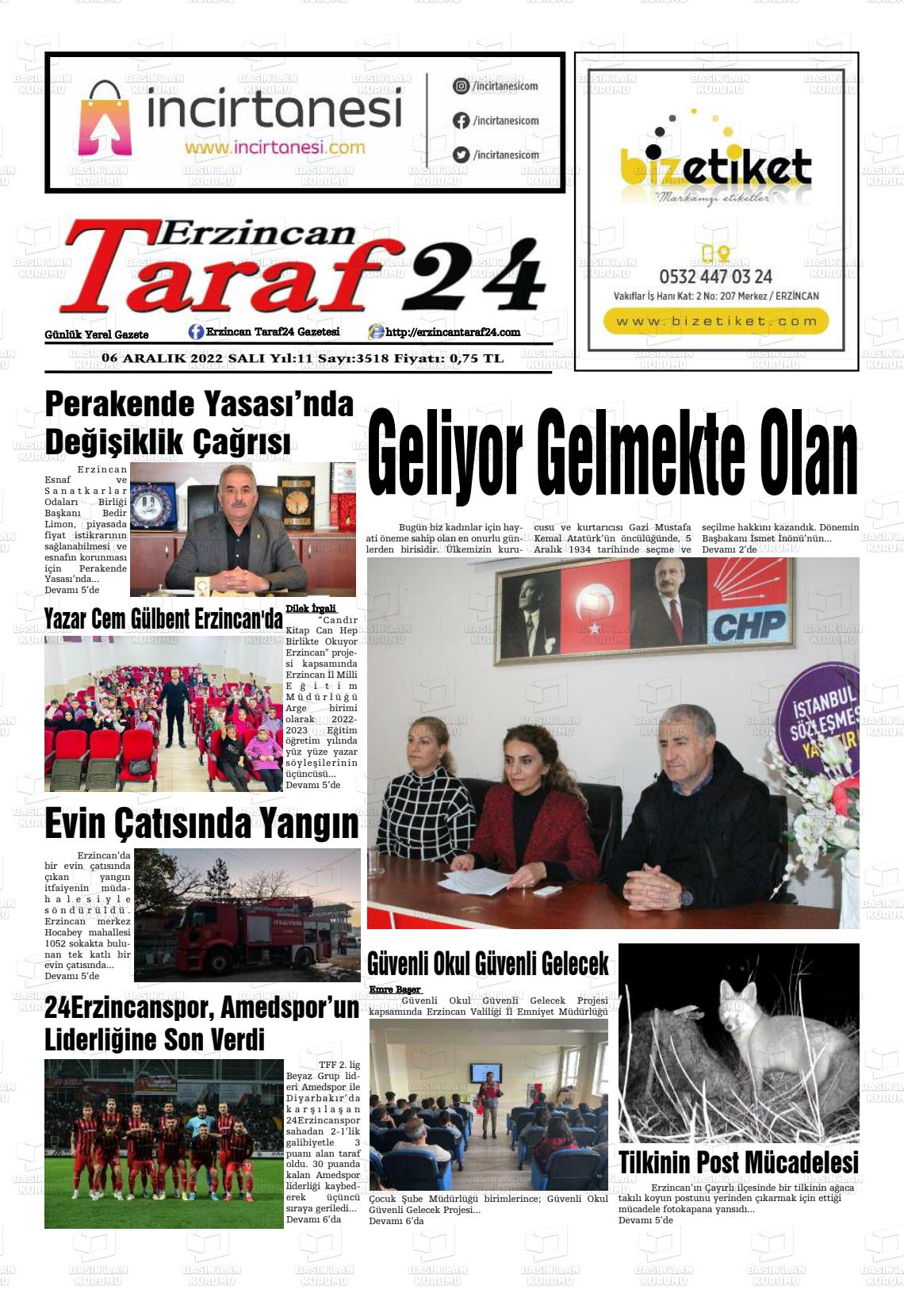 06 Aralık 2022 Erzincan Taraf 24 Gazete Manşeti