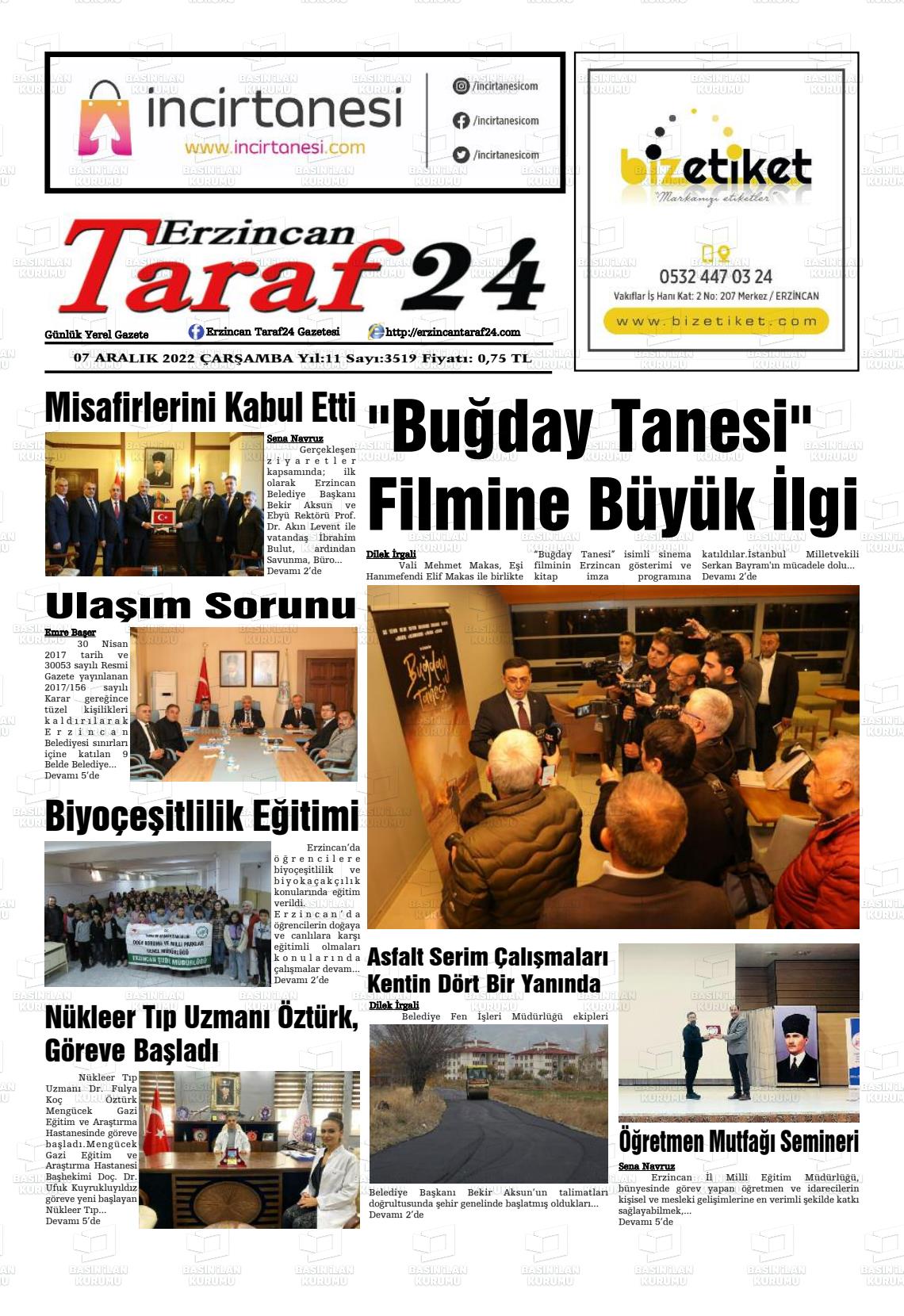 07 Aralık 2022 Erzincan Taraf 24 Gazete Manşeti