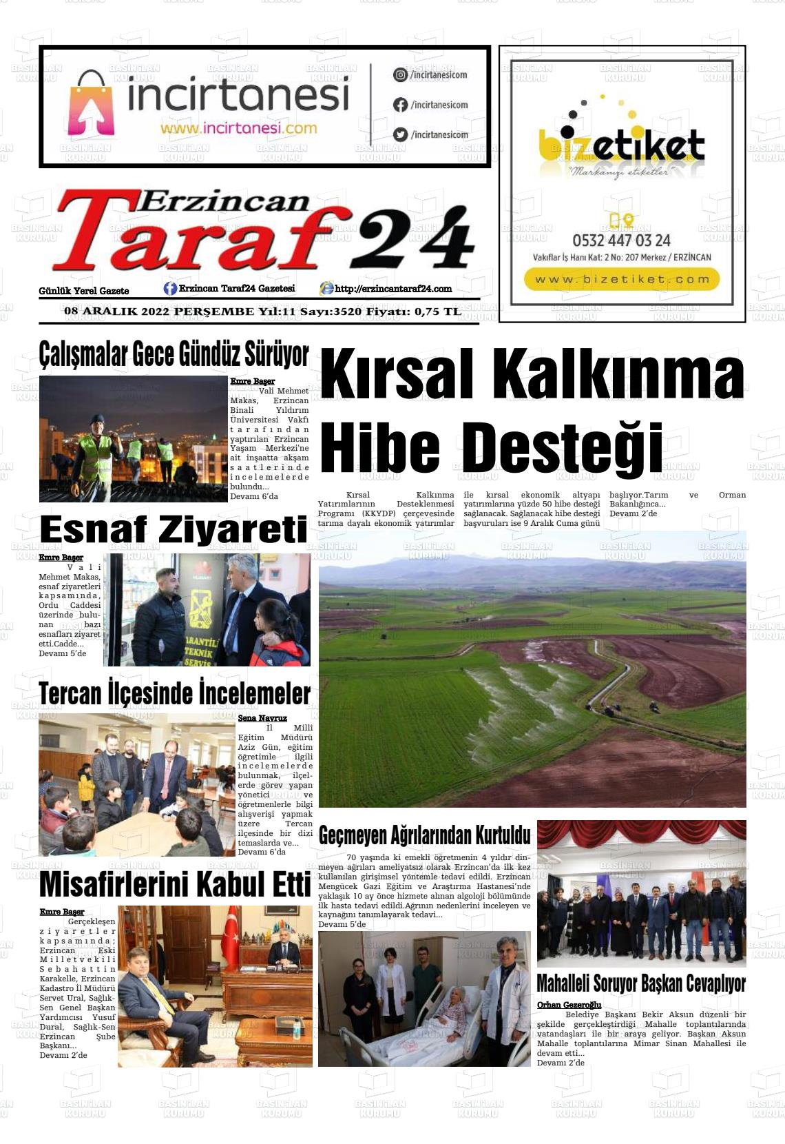 08 Aralık 2022 Erzincan Taraf 24 Gazete Manşeti