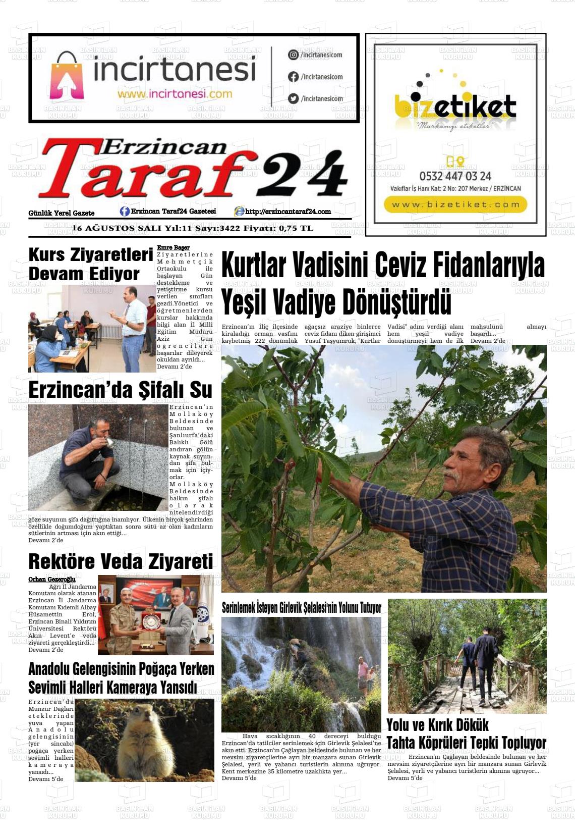 16 Ağustos 2022 Erzincan Taraf 24 Gazete Manşeti