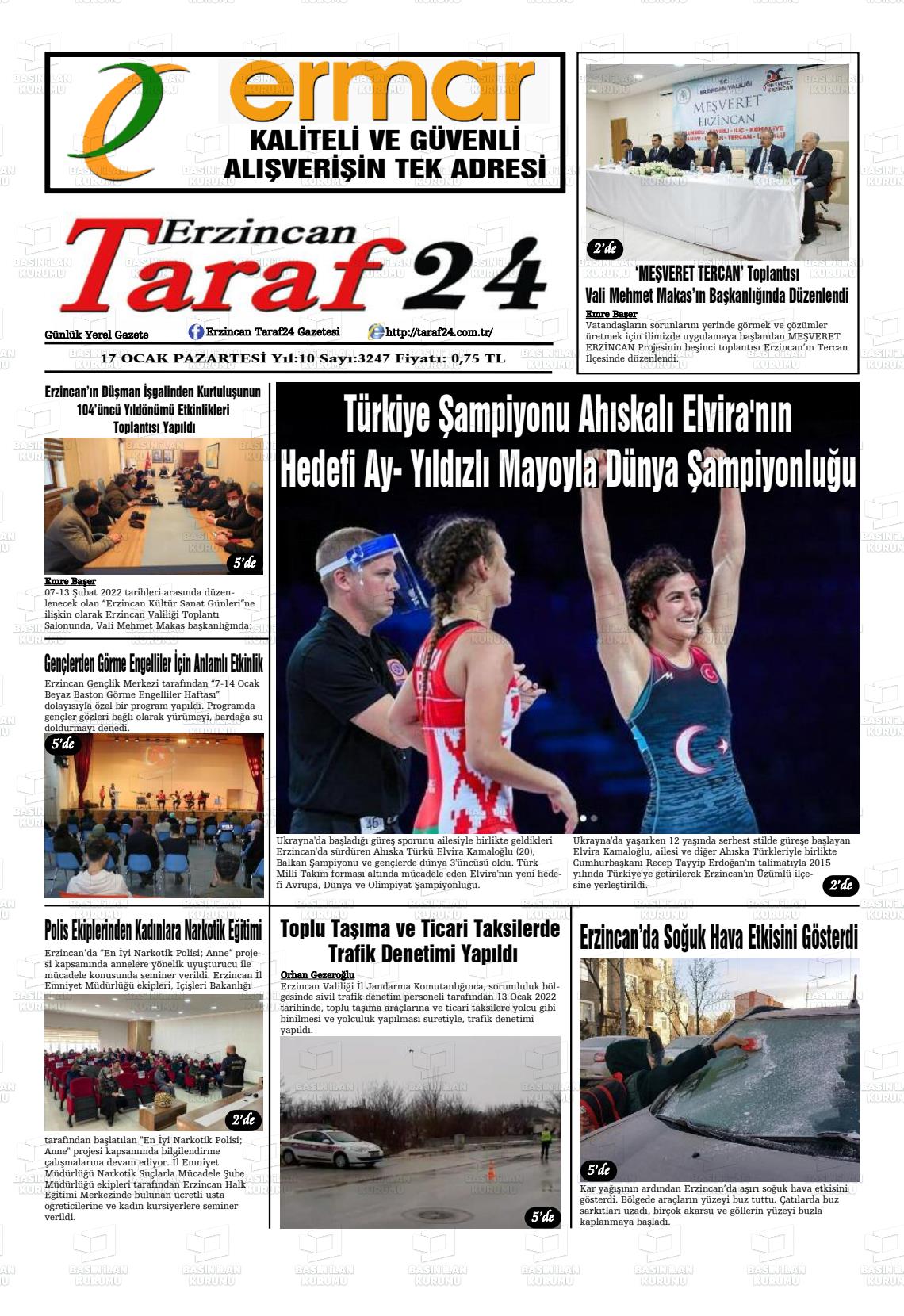 17 Ocak 2022 Erzincan Taraf 24 Gazete Manşeti