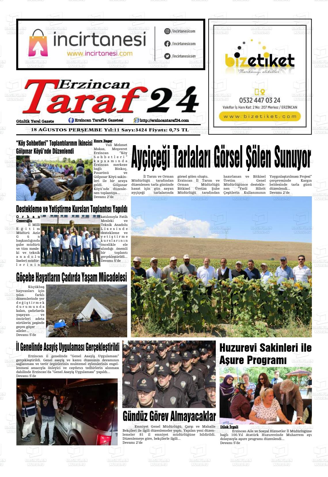 Erzincan Taraf 24 Gazete Manşeti