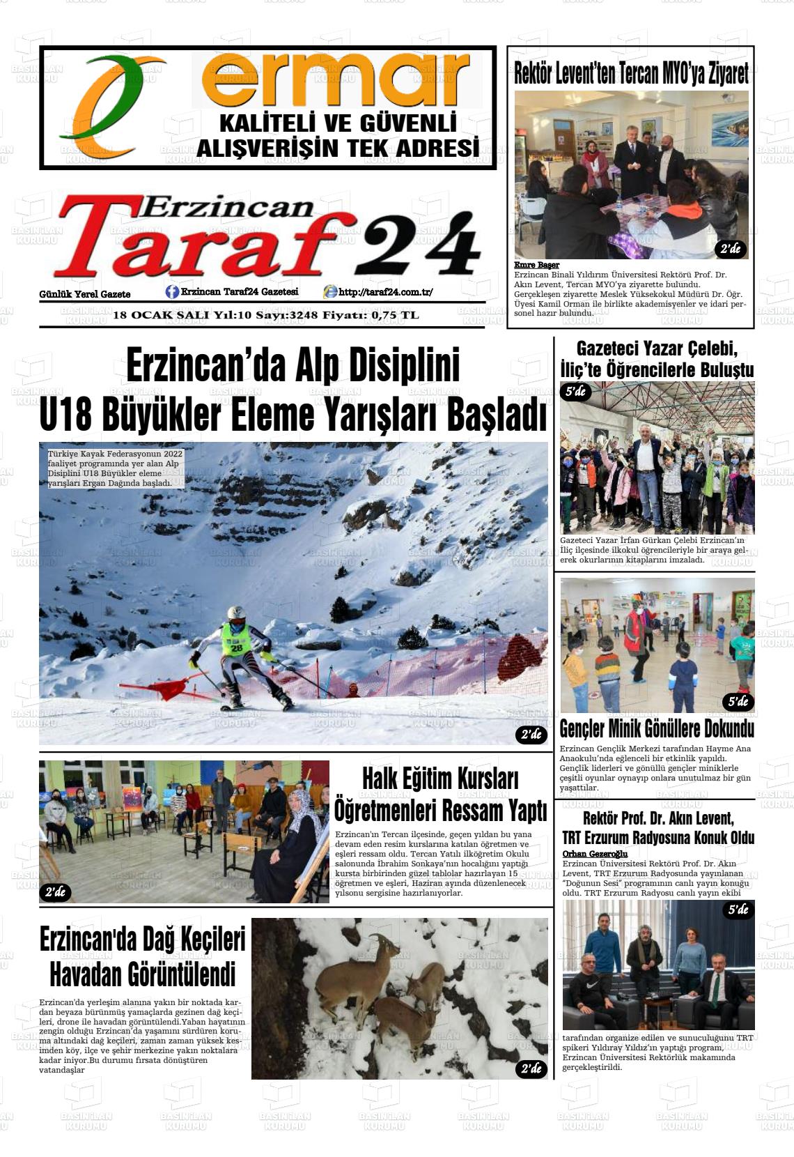 18 Ocak 2022 Erzincan Taraf 24 Gazete Manşeti