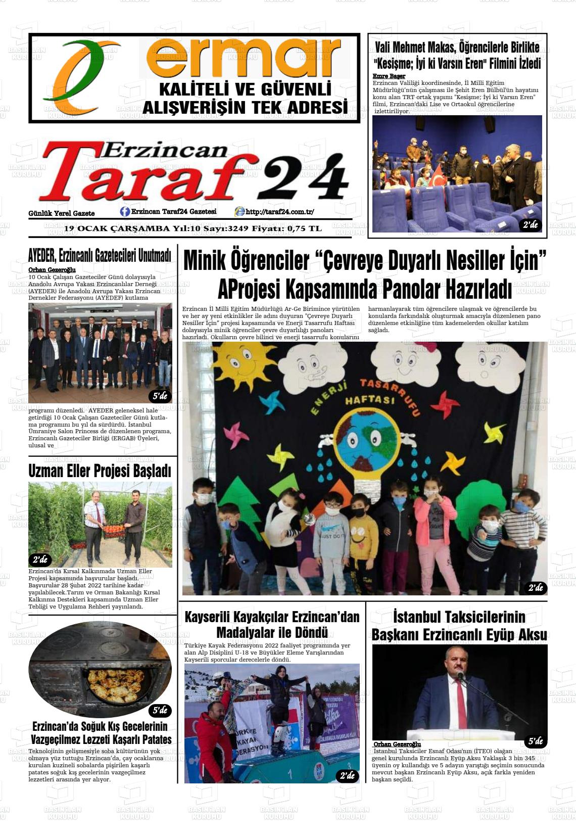 19 Ocak 2022 Erzincan Taraf 24 Gazete Manşeti