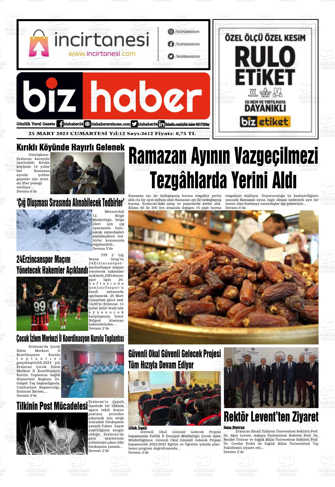 25 Mart 2023 Erzincan Taraf 24 Gazete Manşeti