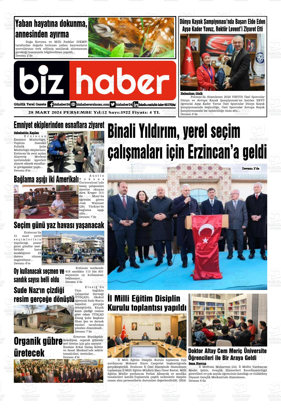 28 Mart 2024 Erzincan Taraf 24 Gazete Manşeti