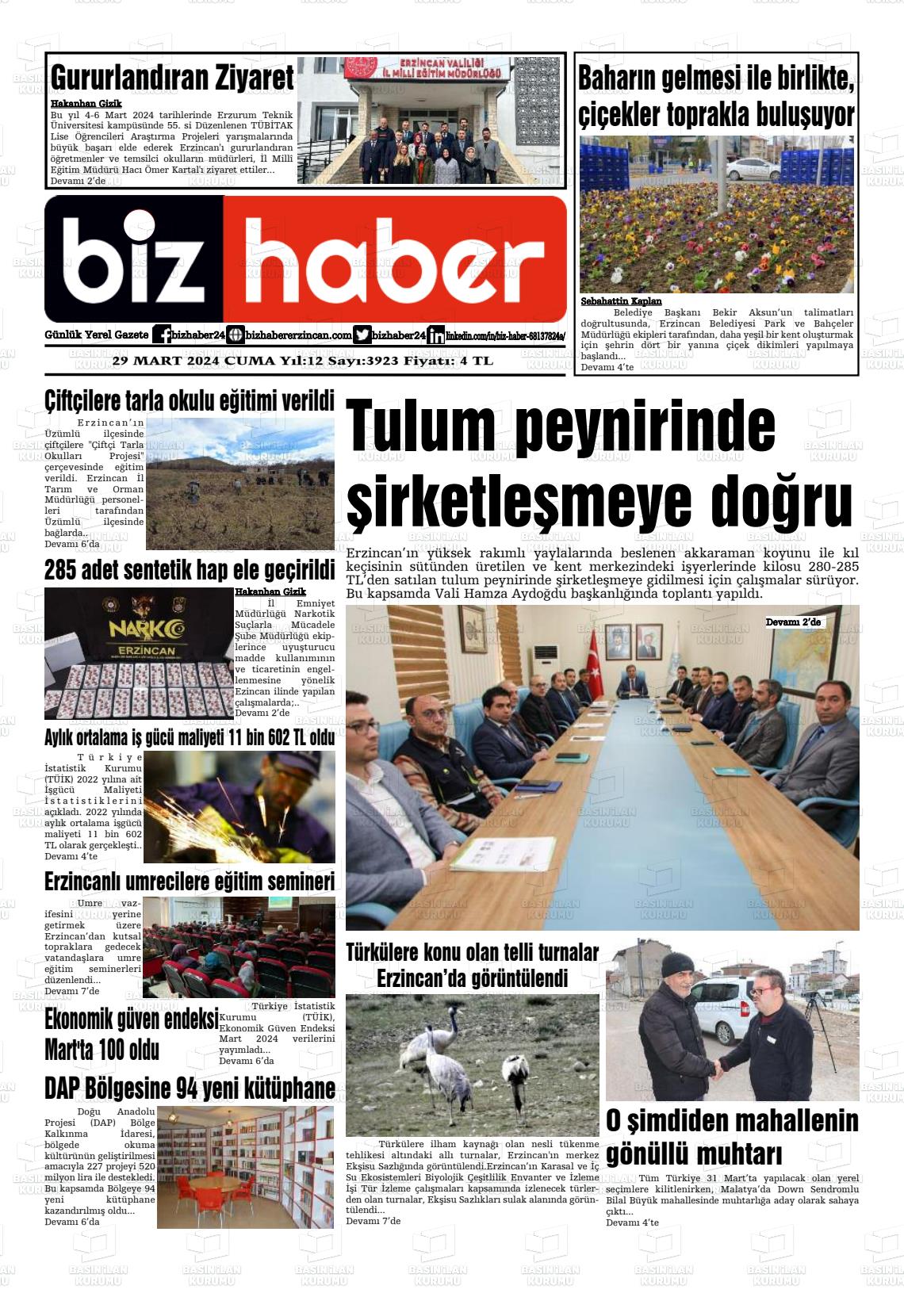 29 Mart 2024 Erzincan Taraf 24 Gazete Manşeti