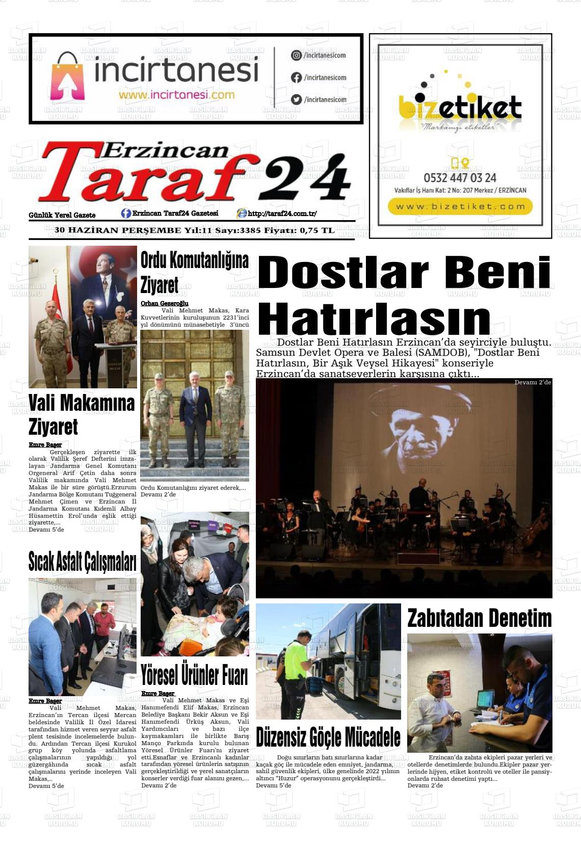 30 Haziran 2022 Erzincan Taraf 24 Gazete Manşeti