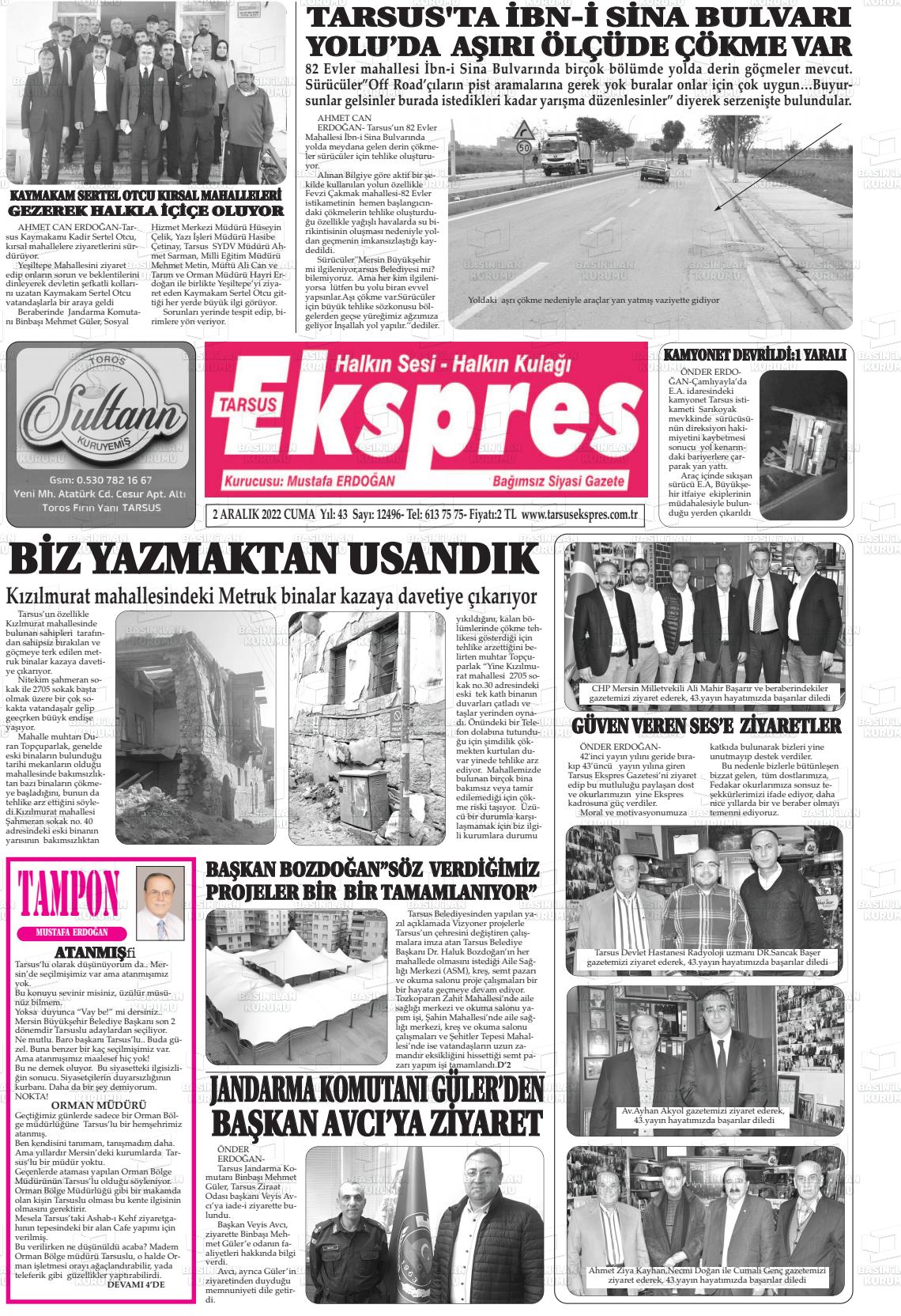 02 Aralık 2022 Tarsus Ekspres Gazete Manşeti
