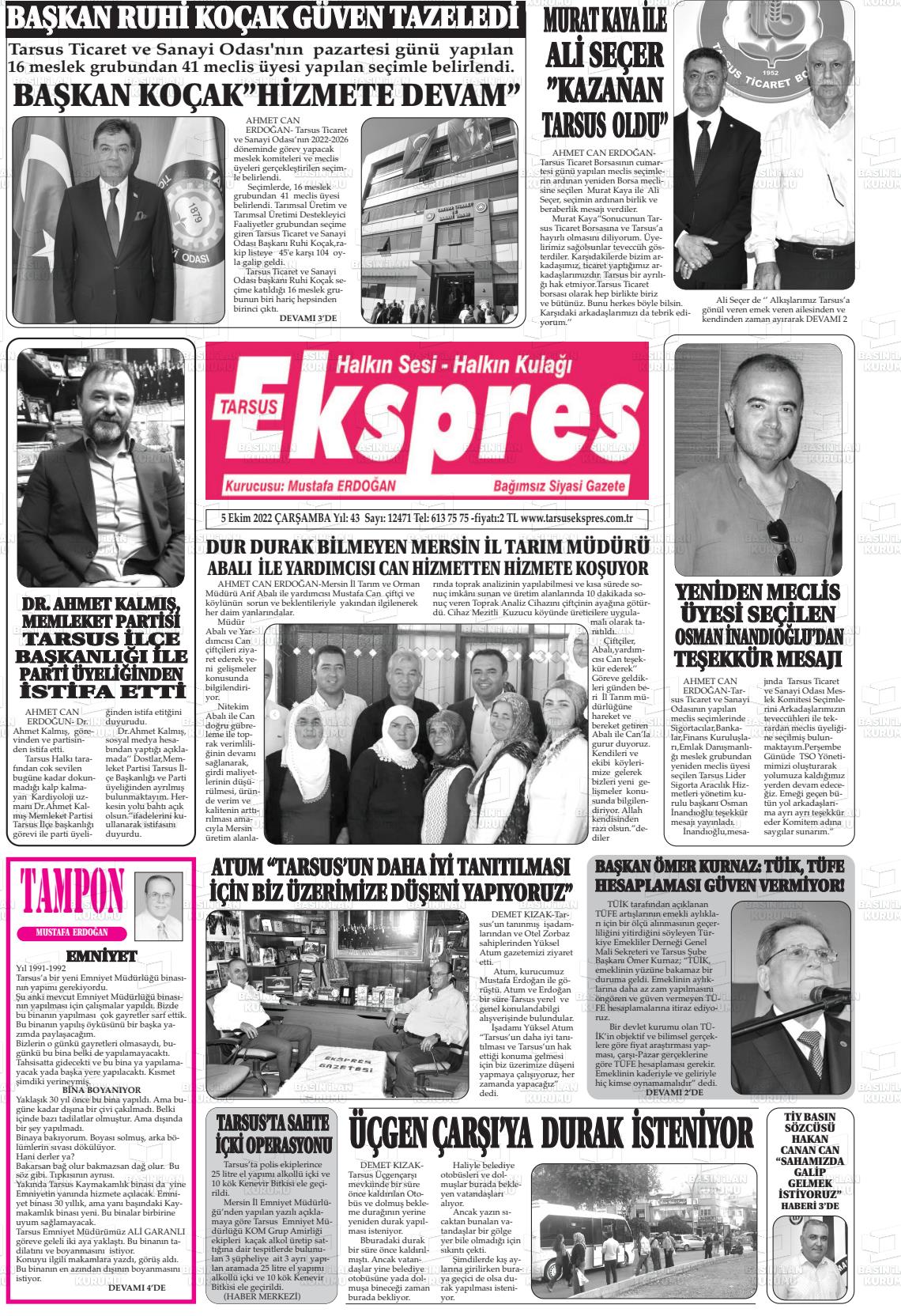 05 Ekim 2022 Tarsus Ekspres Gazete Manşeti
