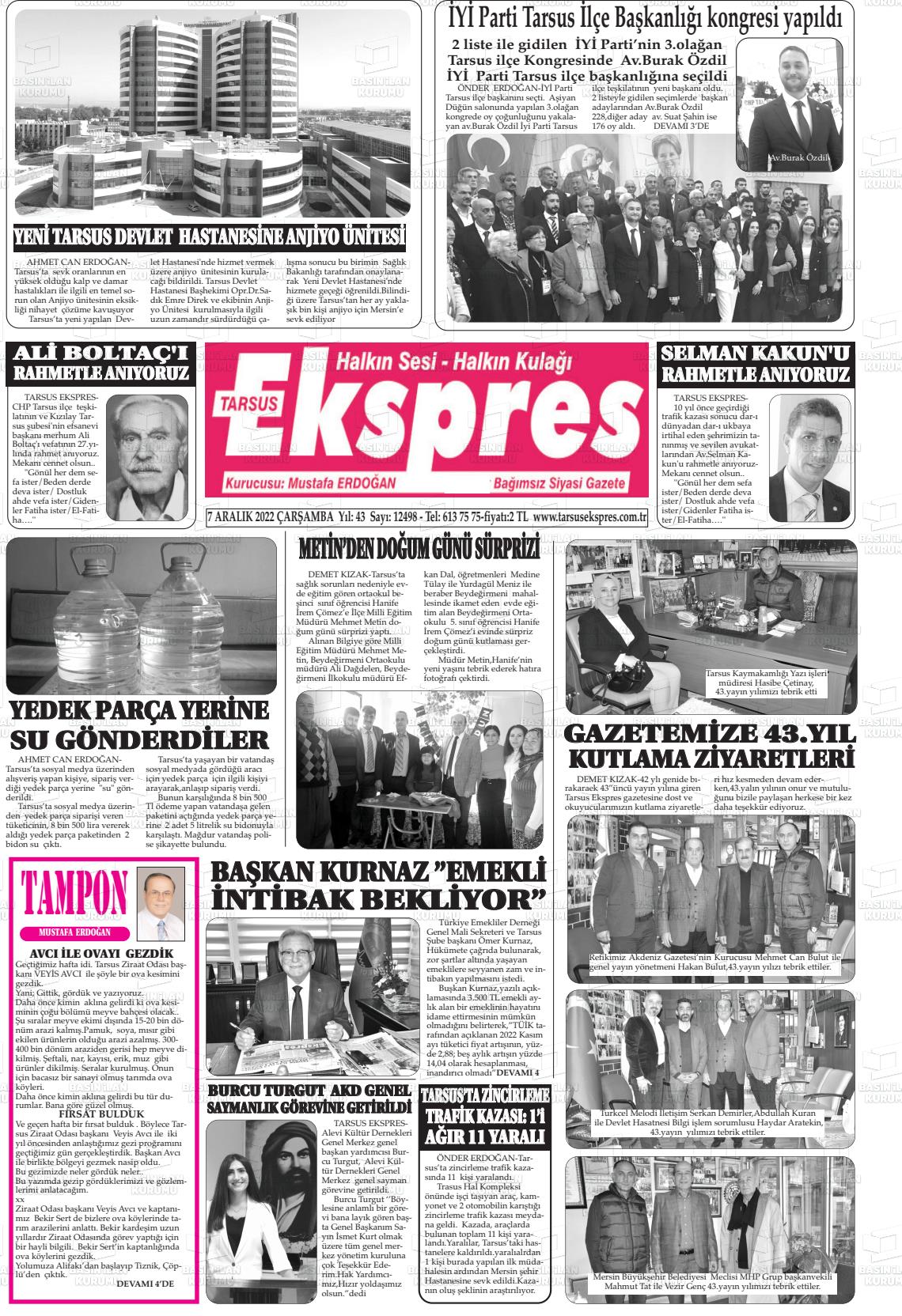 07 Aralık 2022 Tarsus Ekspres Gazete Manşeti