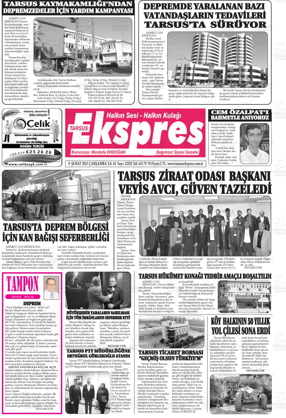 08 Şubat 2023 Tarsus Ekspres Gazete Manşeti