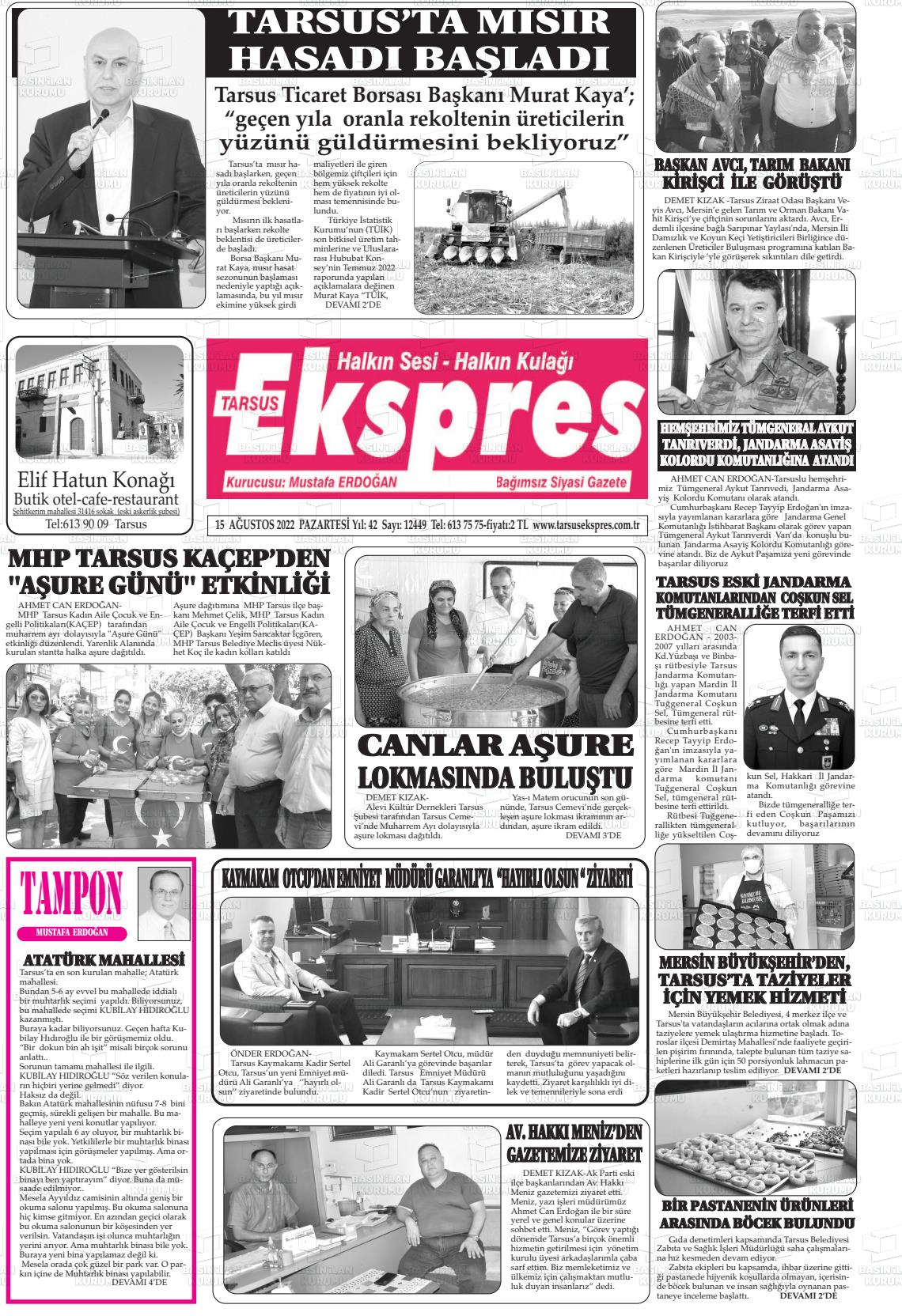 15 Ağustos 2022 Tarsus Ekspres Gazete Manşeti