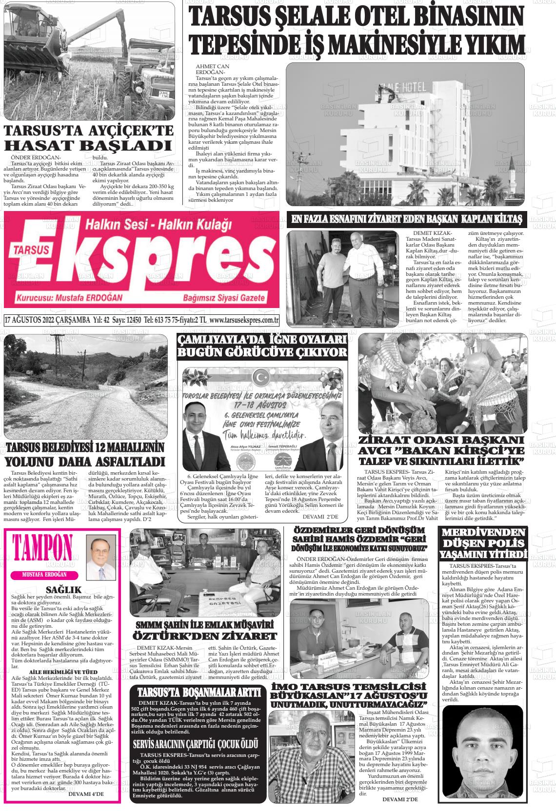 17 Ağustos 2022 Tarsus Ekspres Gazete Manşeti