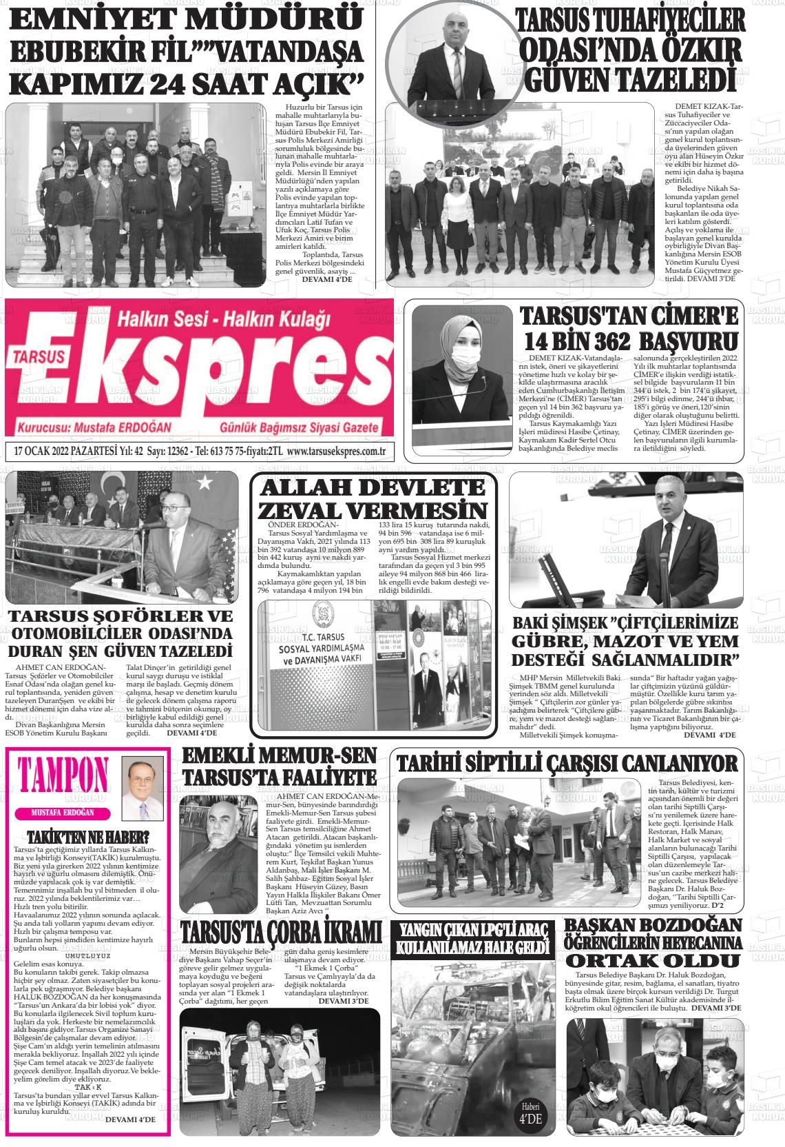 17 Ocak 2022 Tarsus Ekspres Gazete Manşeti