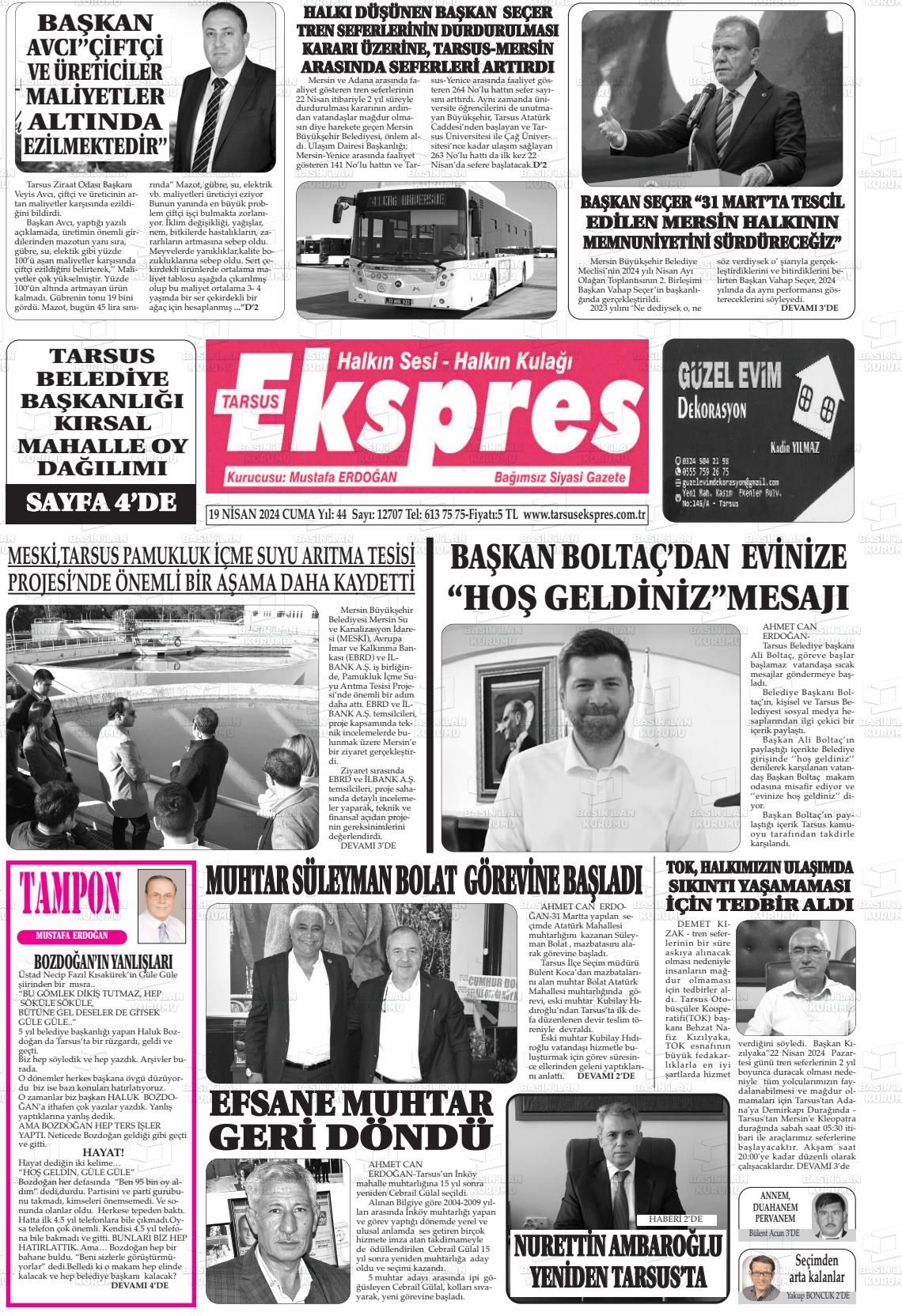 19 Nisan 2024 Tarsus Ekspres Gazete Manşeti