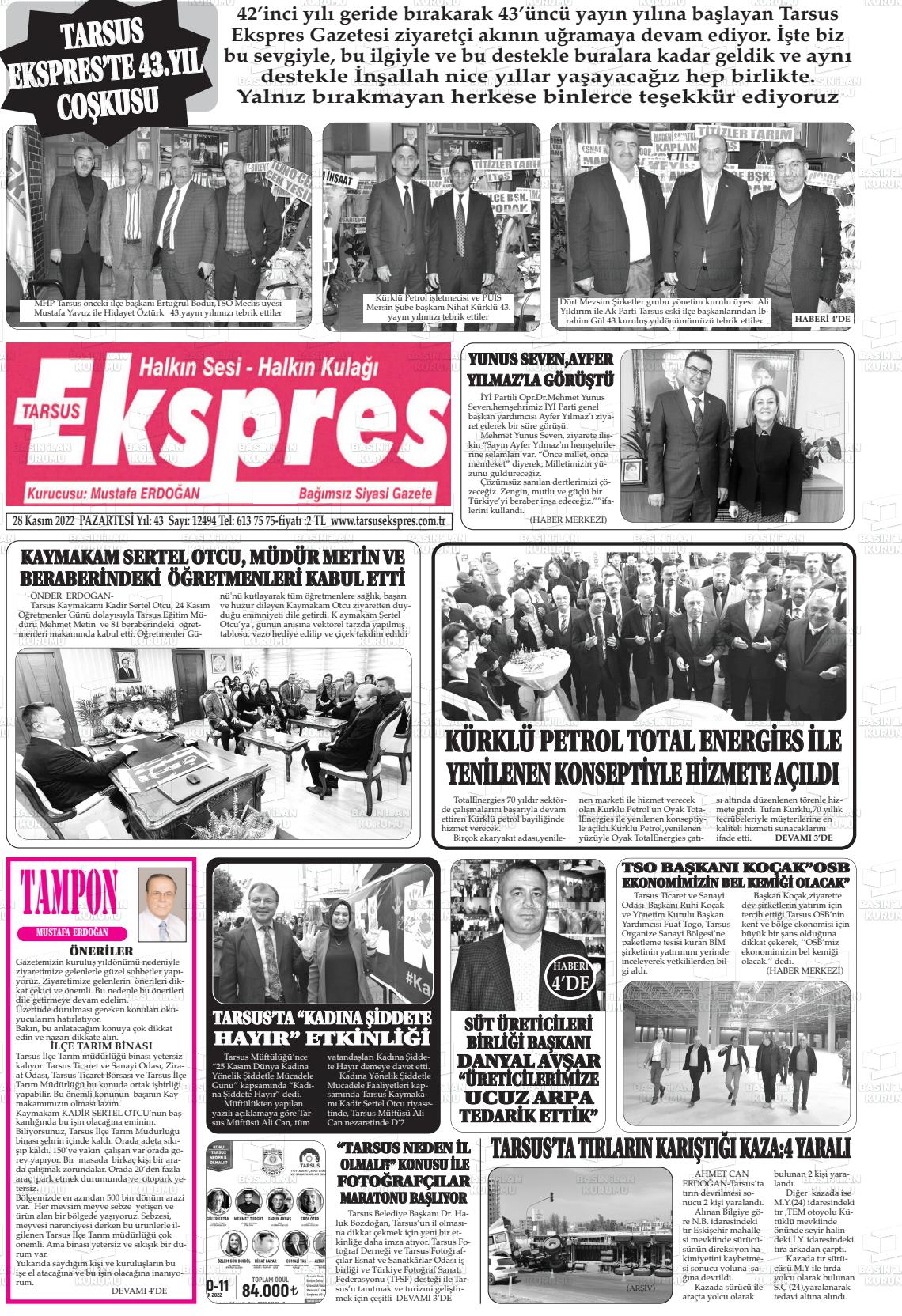 28 Kasım 2022 Tarsus Ekspres Gazete Manşeti