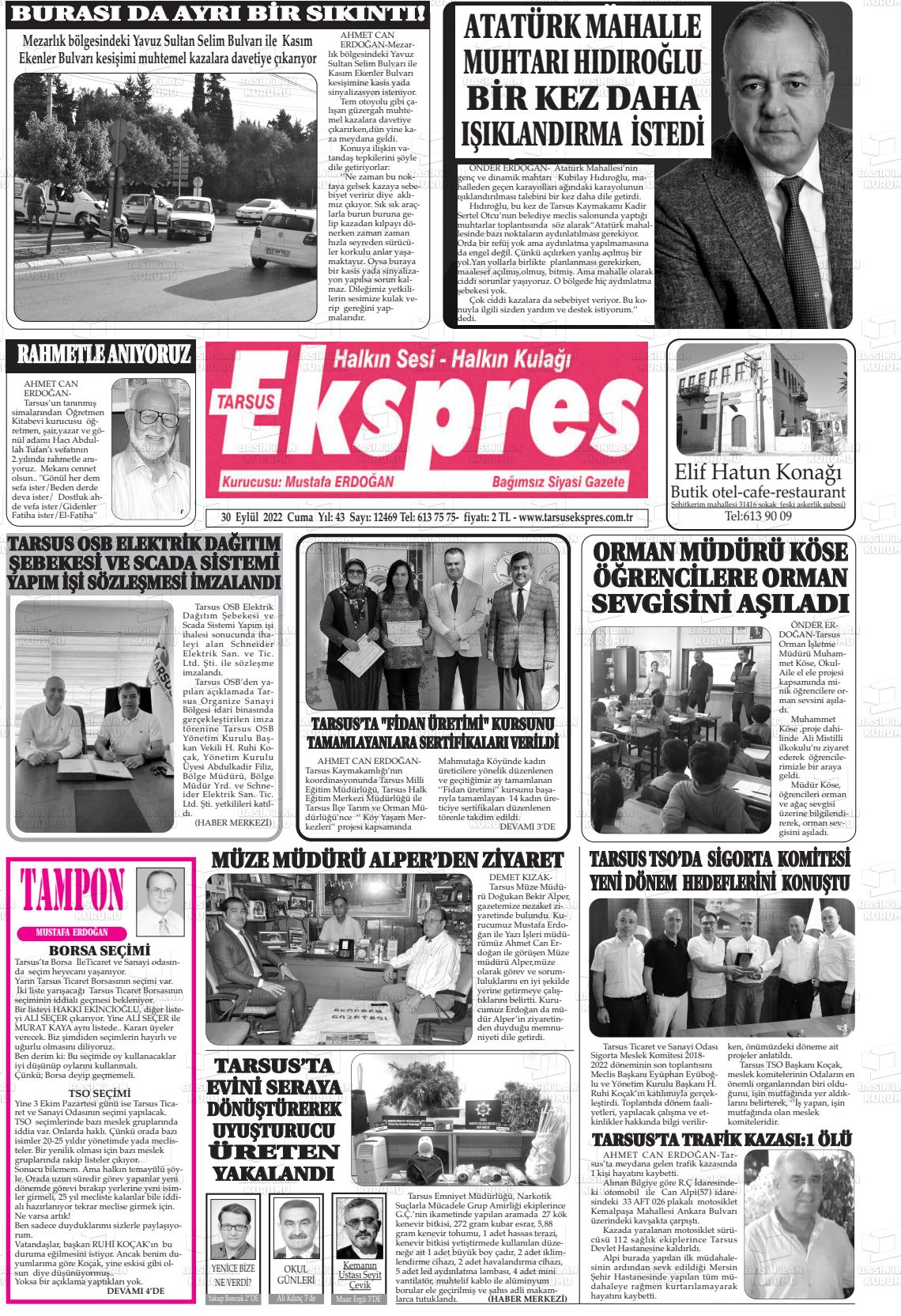 30 Eylül 2022 Tarsus Ekspres Gazete Manşeti