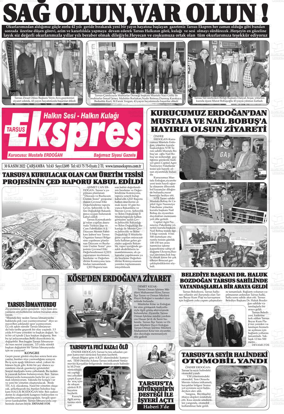 30 Kasım 2022 Tarsus Ekspres Gazete Manşeti