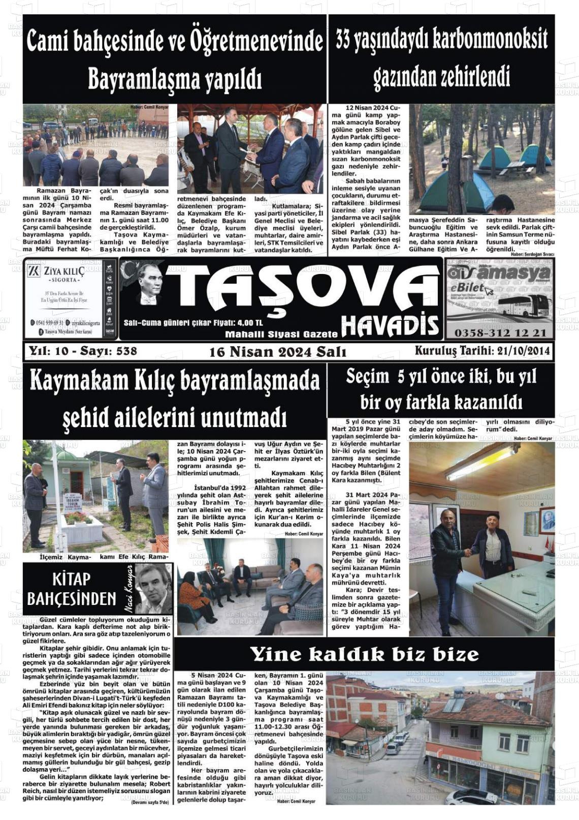 17 Nisan 2024 Taşova Gazete Manşeti