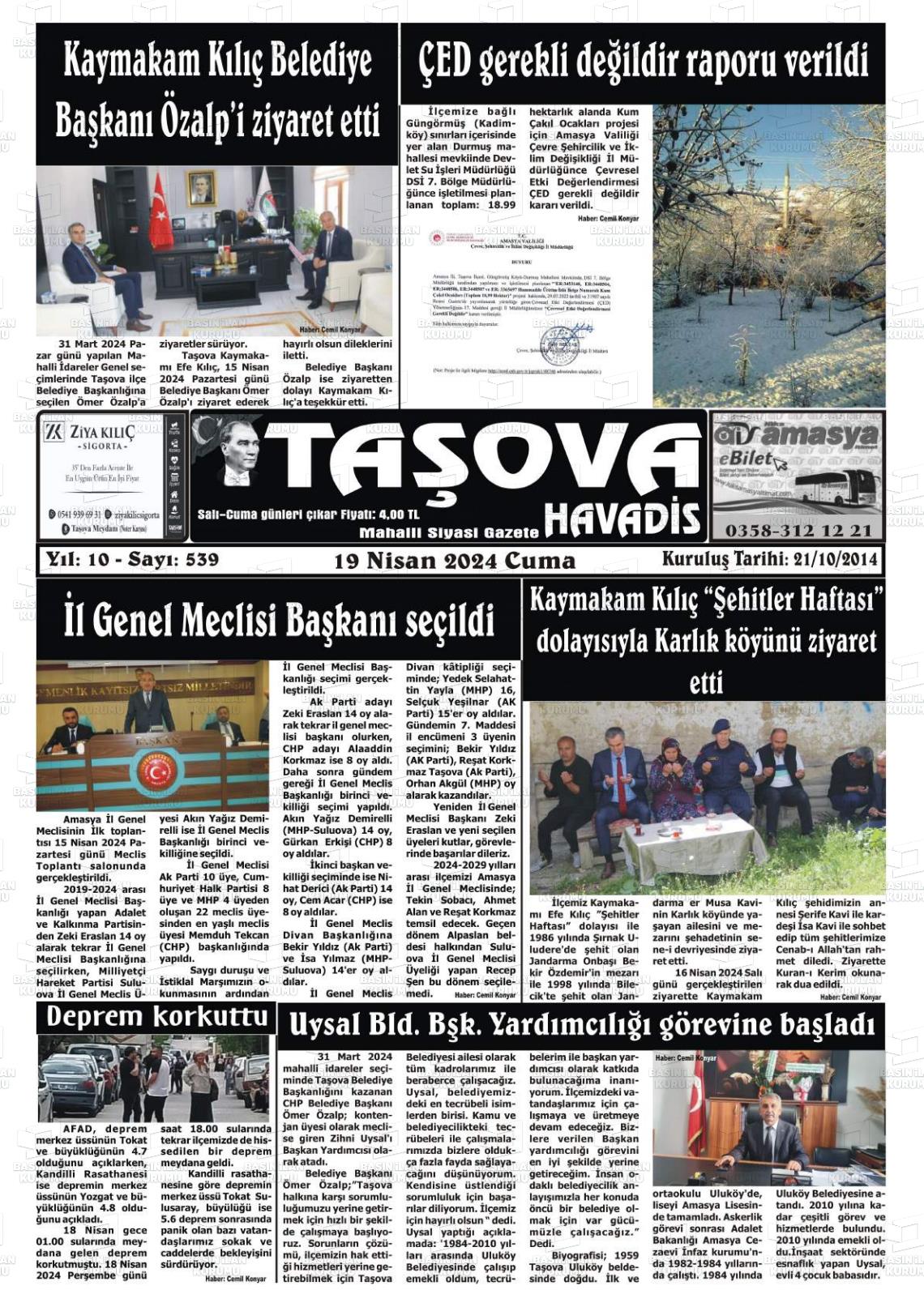19 Nisan 2024 Taşova Gazete Manşeti